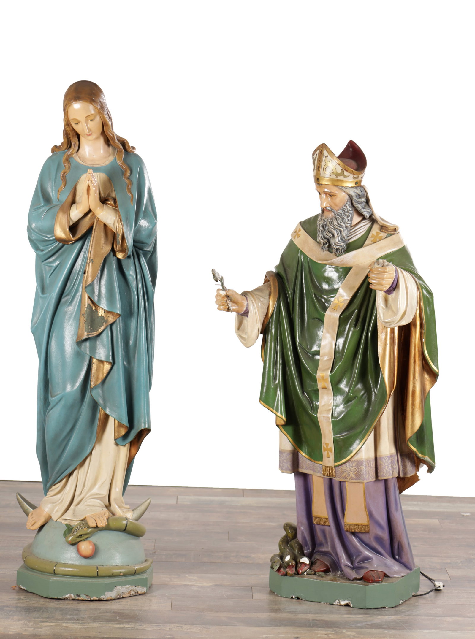 TWO 20TH CENTURY POLYCHROME PAINTED GESSO FIGURES OF THE VIRGIN MARY AND ST PATRICK (1 of 12)