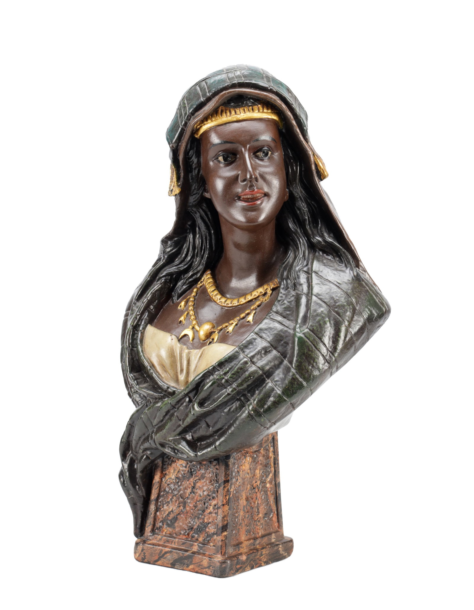 A 19TH/20TH CENTURY POLYCHROME PAINTED BUST OF AN ORIENTALIST SUBJECT ON A SIMULATED MARBLE PLINTH (1 of 7)