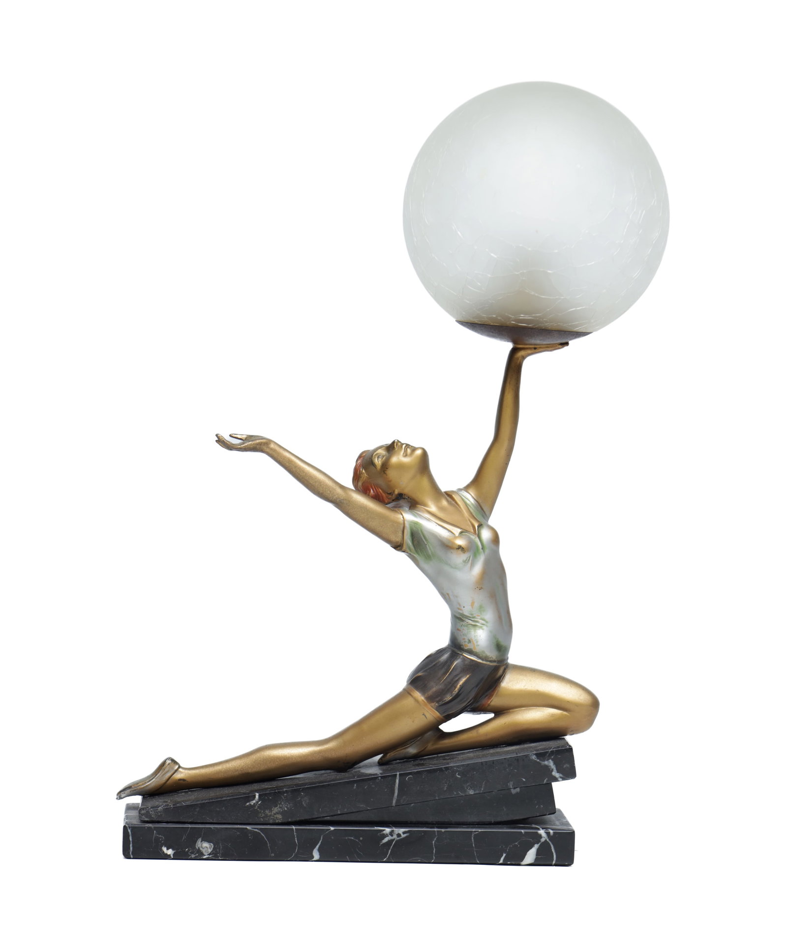 AN ART DECO COLD-PAINTED SPELTER FIGURAL LAMP WITH FROSTED GLASS GLOBE SHADE (1 of 5)