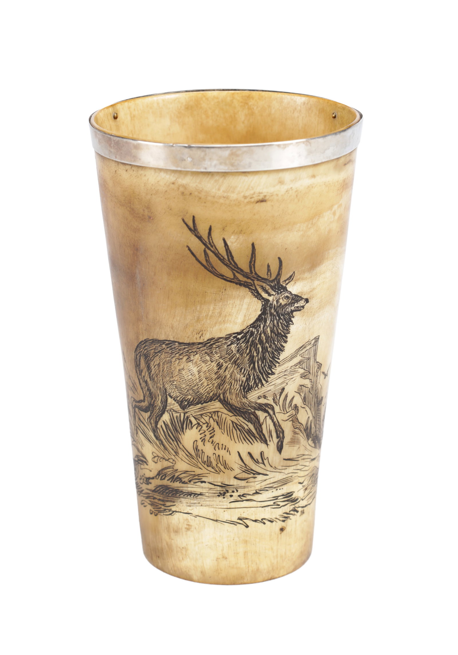 A LATE 19TH CENTURY ENGLISH SILVER MOUNTED STAGHORN BEAKER: A LATE 19TH CENTURY ENGLISH SILVER MOUNTED STAGHORN BEAKER of tapering cylindrical form, the body engraved with a stag in a landscape, the silver rim hallmarked London 1899. (14.5cm high)