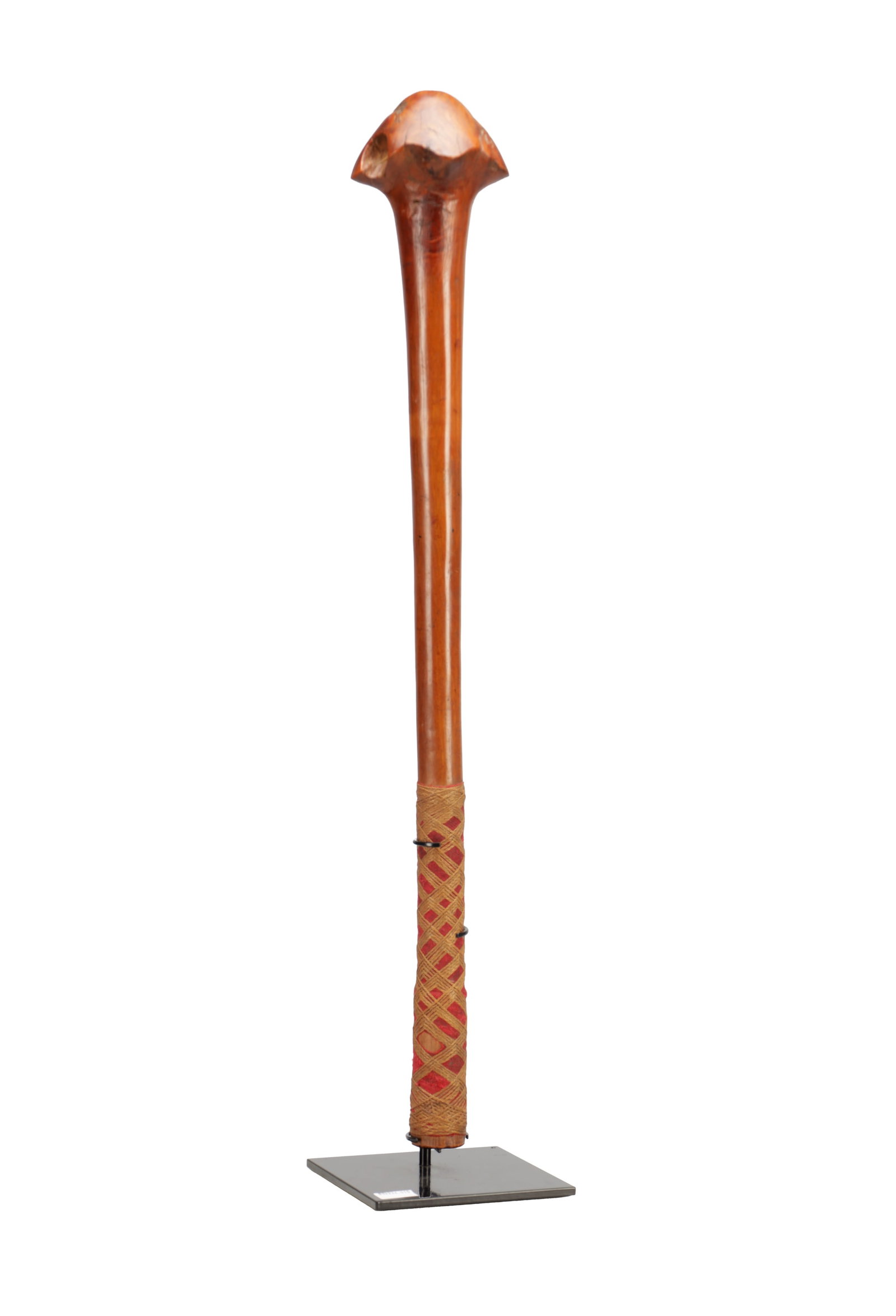 A 19TH CENTURY NEW CALEDONIAN KANAK WOOD WAR CLUB WITH FIBRE WRAPPED GRIP: A 19TH CENTURY NEW CALEDONIAN KANAK WOOD WAR CLUB WITH FIBRE WRAPPED GRIP of mushroom-headed form with a flared crown and tapering shaft, the handle with finely plaited plant fibre binding with red