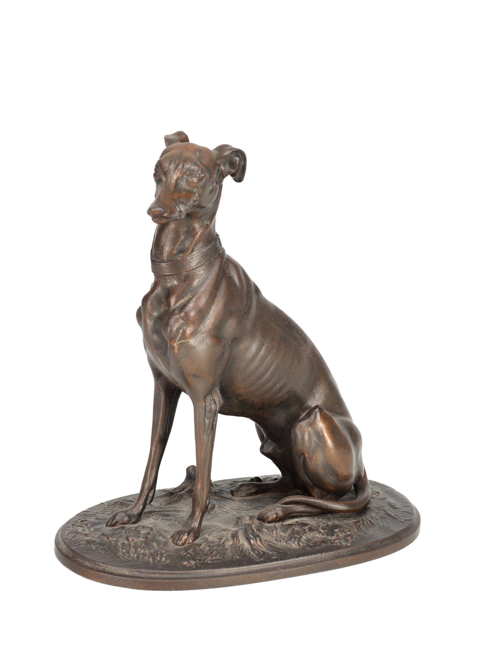 A PATINATED BRONZE MODEL OF A SEATED GREYHOUND ON AN OVAL BASE (1 of 7)