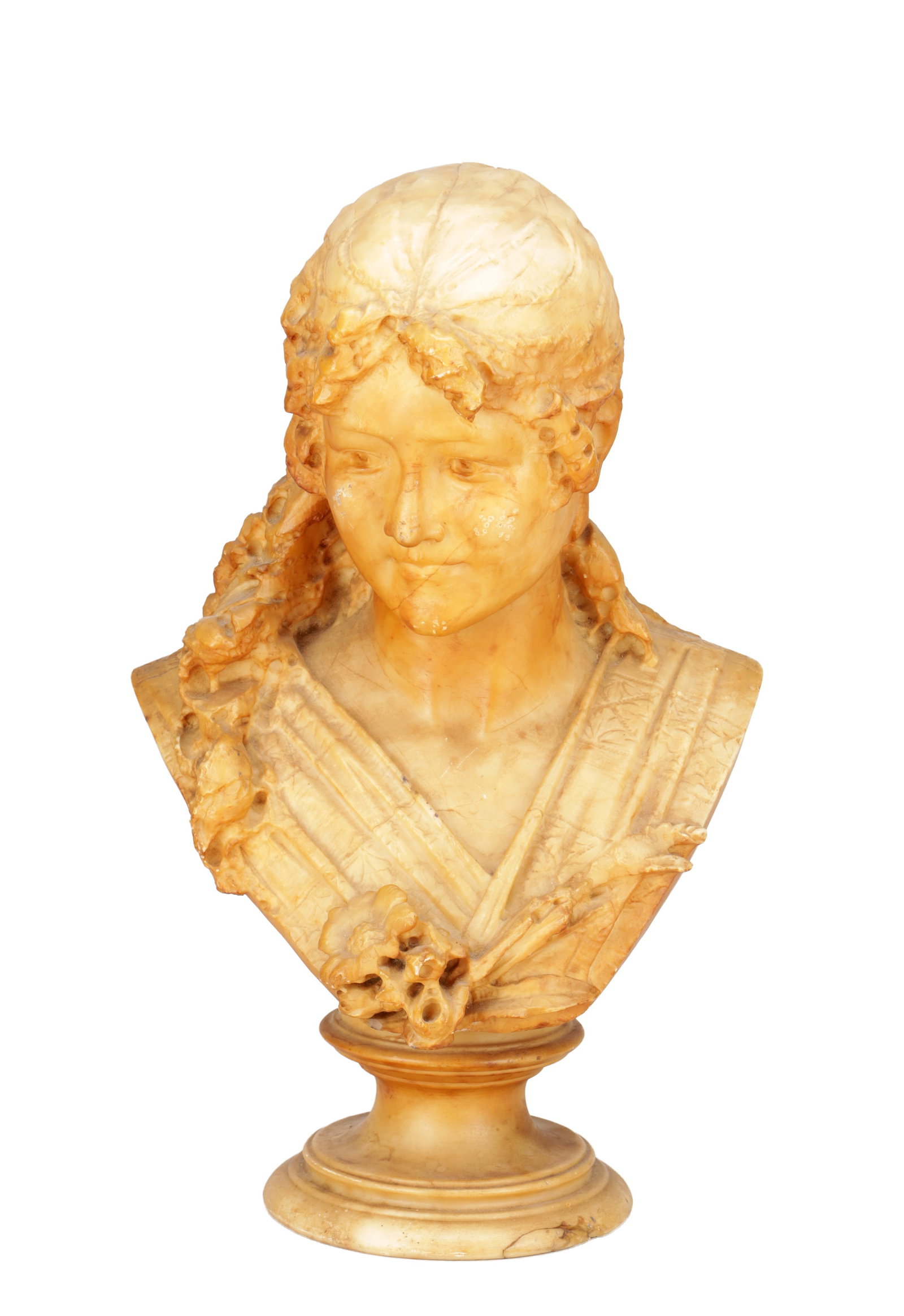 A 19TH CENTURY ALABASTER BUST OF A LADY: A 19TH CENTURY ALABASTER BUST OF A LADY modelled with braided hair and floral garlands, the draped bodice carved with foliate detail, on a circular socle. (48cm high)