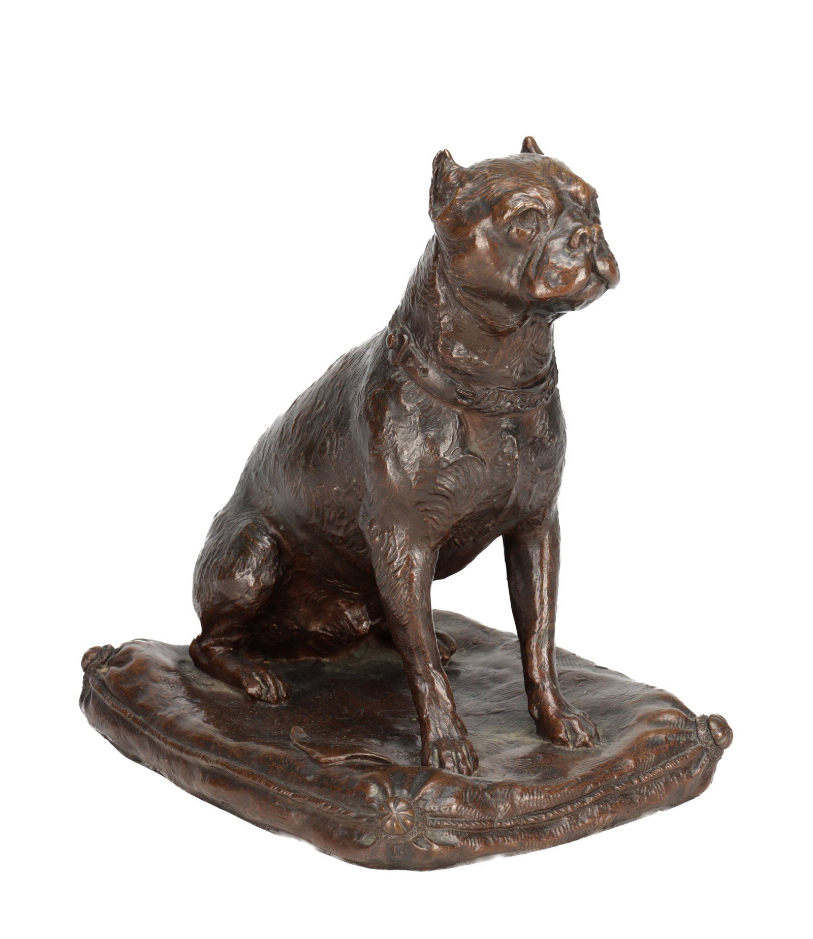 A LATE 19TH CENTURY FRENCH PATINATED BRONZE BULLDOG ON A CUSHION: A LATE 19TH CENTURY FRENCH PATINATED BRONZE BULLDOG ON A CUSHION naturalistically modelled seated with cropped ears and studded collar on a tasselled cushion, signed to the cushion. (27cm high)