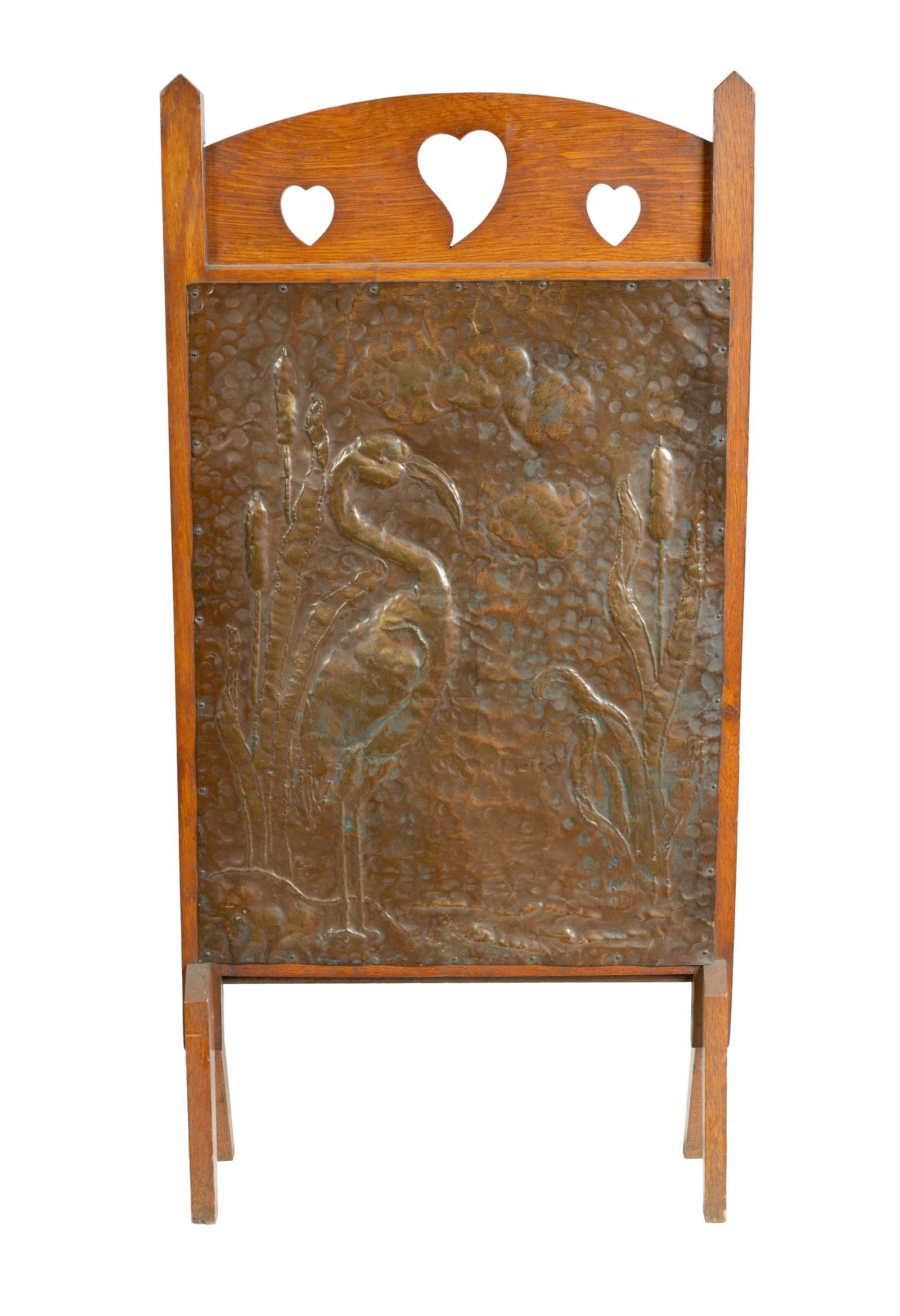 AN ARTS AND CRAFTS PRESSED COPPER AND OAK FIRE SCREEN (1 of 7)