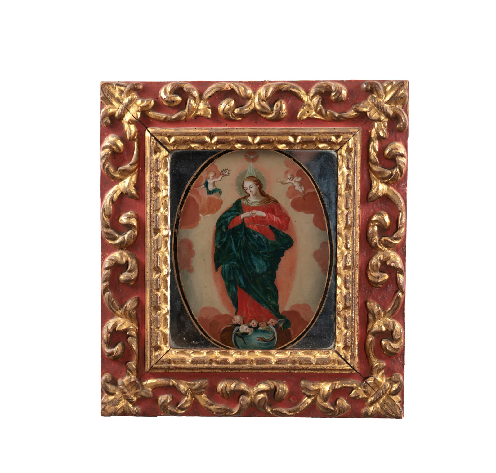 A 17TH CENTURY ITALIAN REVERSE PAINTED GLASS DEVOTIONAL PICTURE IN A LEAF CARVED FRAME: A 17TH CENTURY ITALIAN REVERSE PAINTED GLASS DEVOTIONAL PICTURE IN A LEAF CARVED FRAME depicting the Virgin of the Immaculate Conception standing on a crescent moon amid clouds with attendant angels,