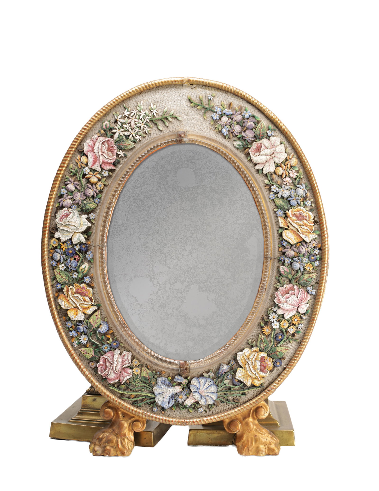 A LARGE 19TH CENTURY VENETIAN MICROMOSAIC OVAL EASEL MIRROR: A LARGE 19TH CENTURY VENETIAN MICROMOSAIC OVAL EASEL MIRROR of oval form with beaded borders, the frame decorated with polychrome floral sprays in minute tesserae on a pale ground, raised on gilt