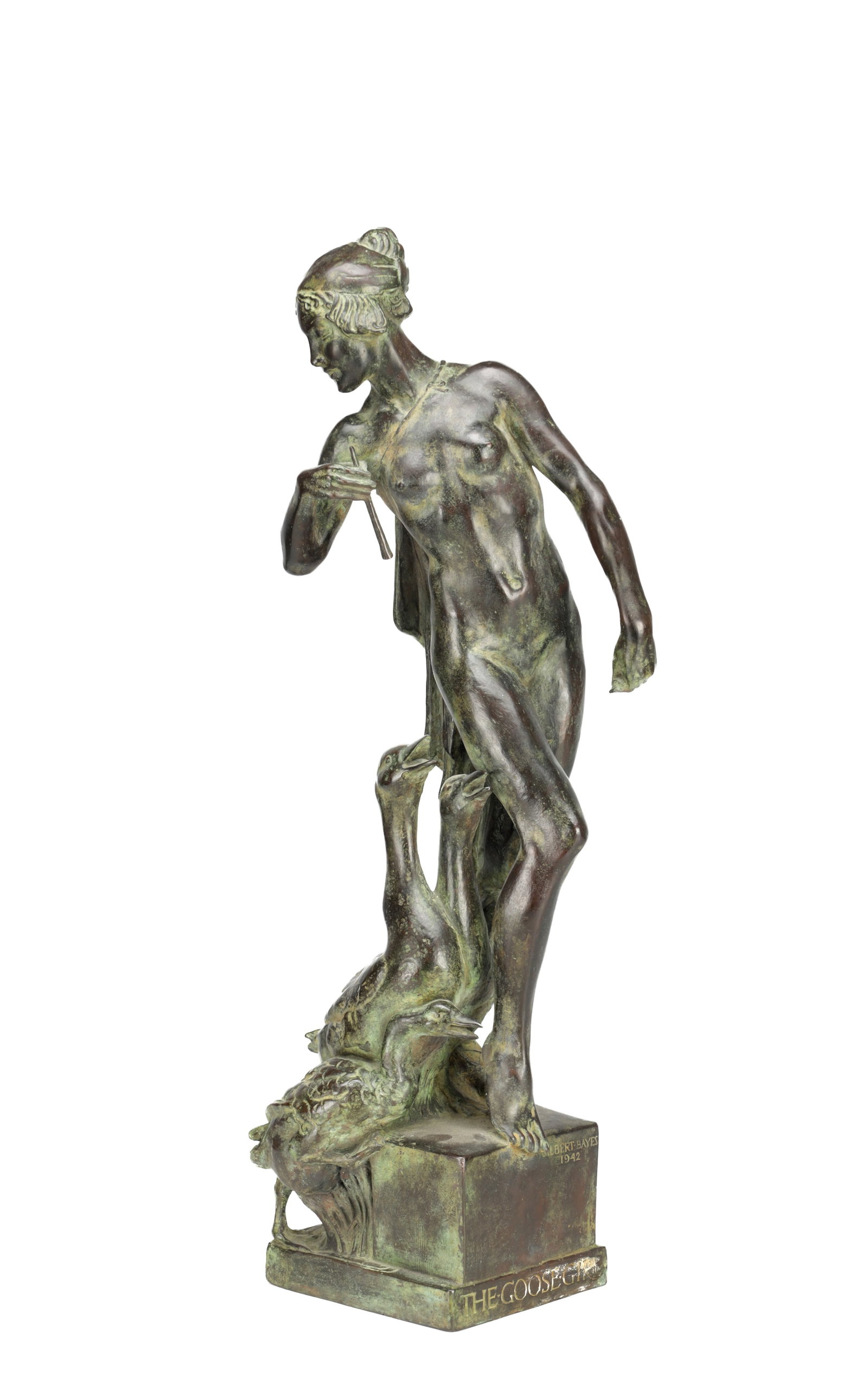 GILBERT WILLIAM BAYES A PATINATED BRONZE FIGURE THE GOOSE GIRL DATED 1942: GILBERT WILLIAM BAYES A PATINATED BRONZE FIGURE THE GOOSE GIRL DATED 1942 cast as a standing nude with three geese at her feet on an integral square base titled THE GOOSE GIRL signed GILBERT BAYES