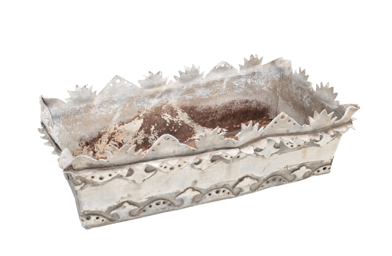 A GEORGIAN LEAD RECTANGULAR PLANTER: A GEORGIAN LEAD RECTANGULAR PLANTER of trough form with crimped foliate rim and applied pierced scalloped strapwork to the sides in a folk art manner. (17cm high, 47cm wide, 23cm deep)