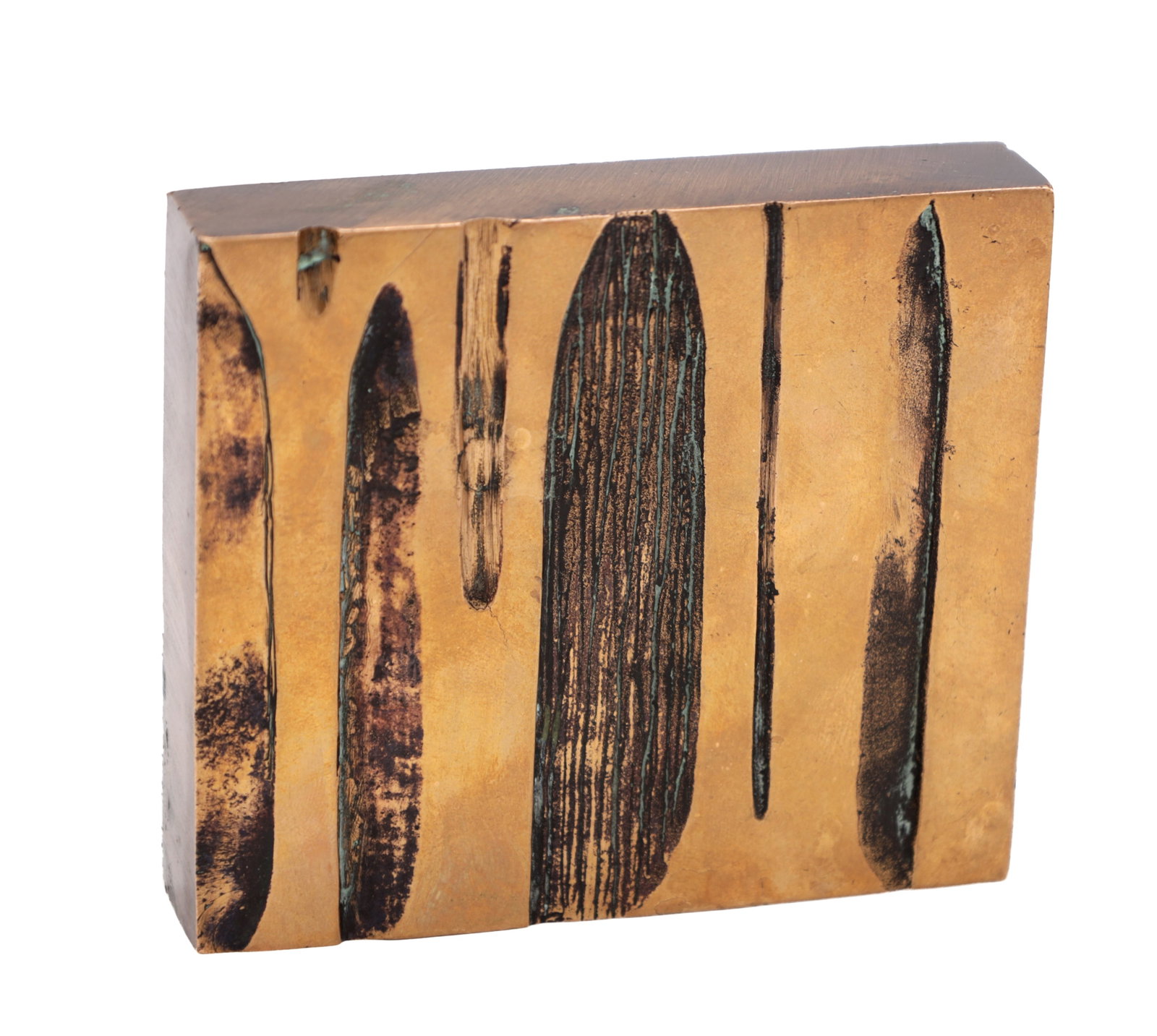 JOHN ERSKINE MILNE (BRITISH, 1931-1978) A PATINATED BRONZE RELIEF 1972 NUMBERED 3/9: JOHN ERSKINE MILNE (BRITISH, 1931-1978) A PATINATED BRONZE RELIEF 1972 NUMBERED 3/9 of rectangular block form with deeply incised vertical elements and darkened recesses, the cast with an abstract