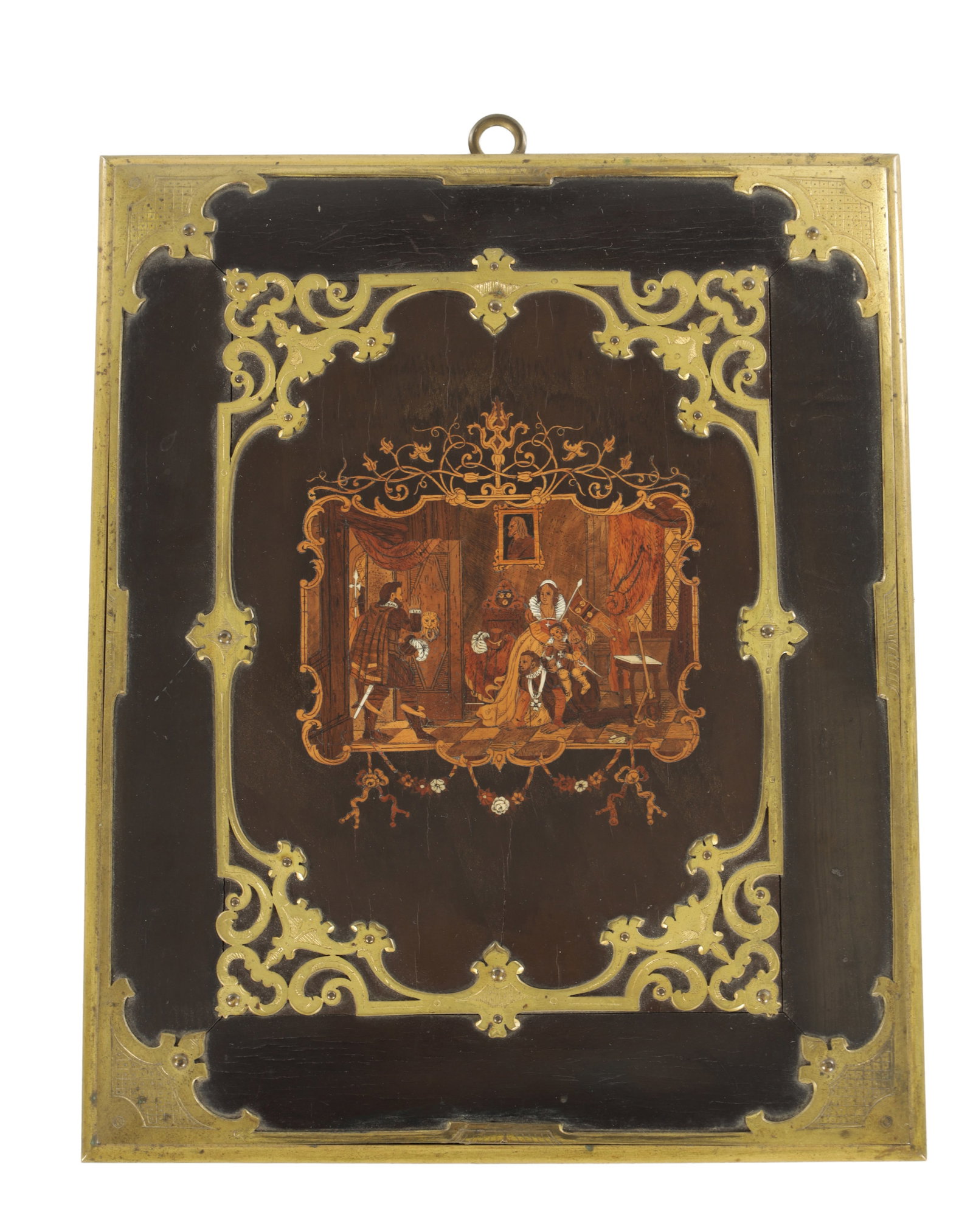 ATT LUIGI PASQUALE (1822-1894) A FINE 19TH CENTURY ITALIAN HANGING PLAQUE: ATT LUIGI PASQUALE (1822-1894) A FINE 19TH CENTURY ITALIAN HANGING PLAQUE with finely inlaid centre depicting a figural interior scene, surrounded by engraved ormolu mounts. (22cm wide 28cm high.)