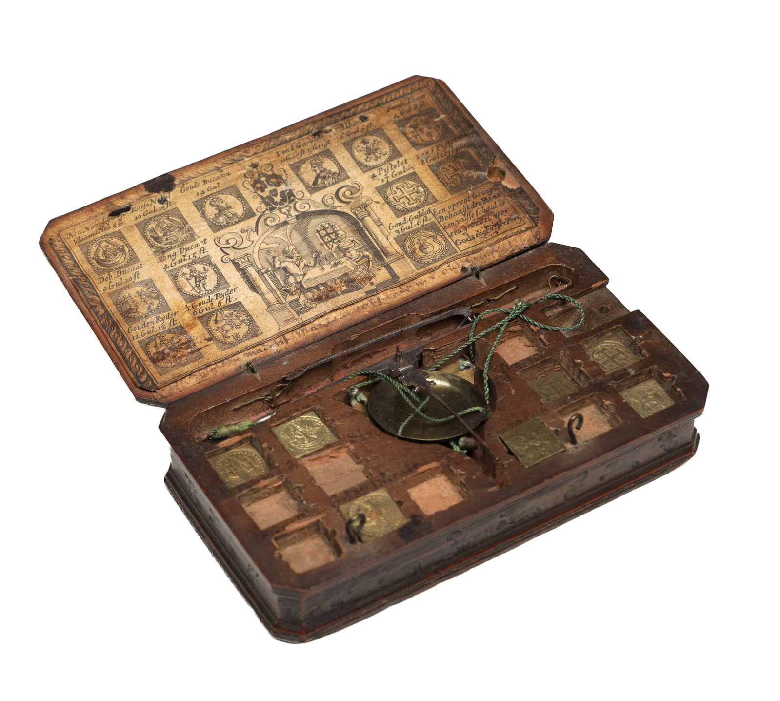 A RARE LATE 17TH CENTURY CASED COIN SCALES WITH BRASS WEIGHTS (1 of 4)