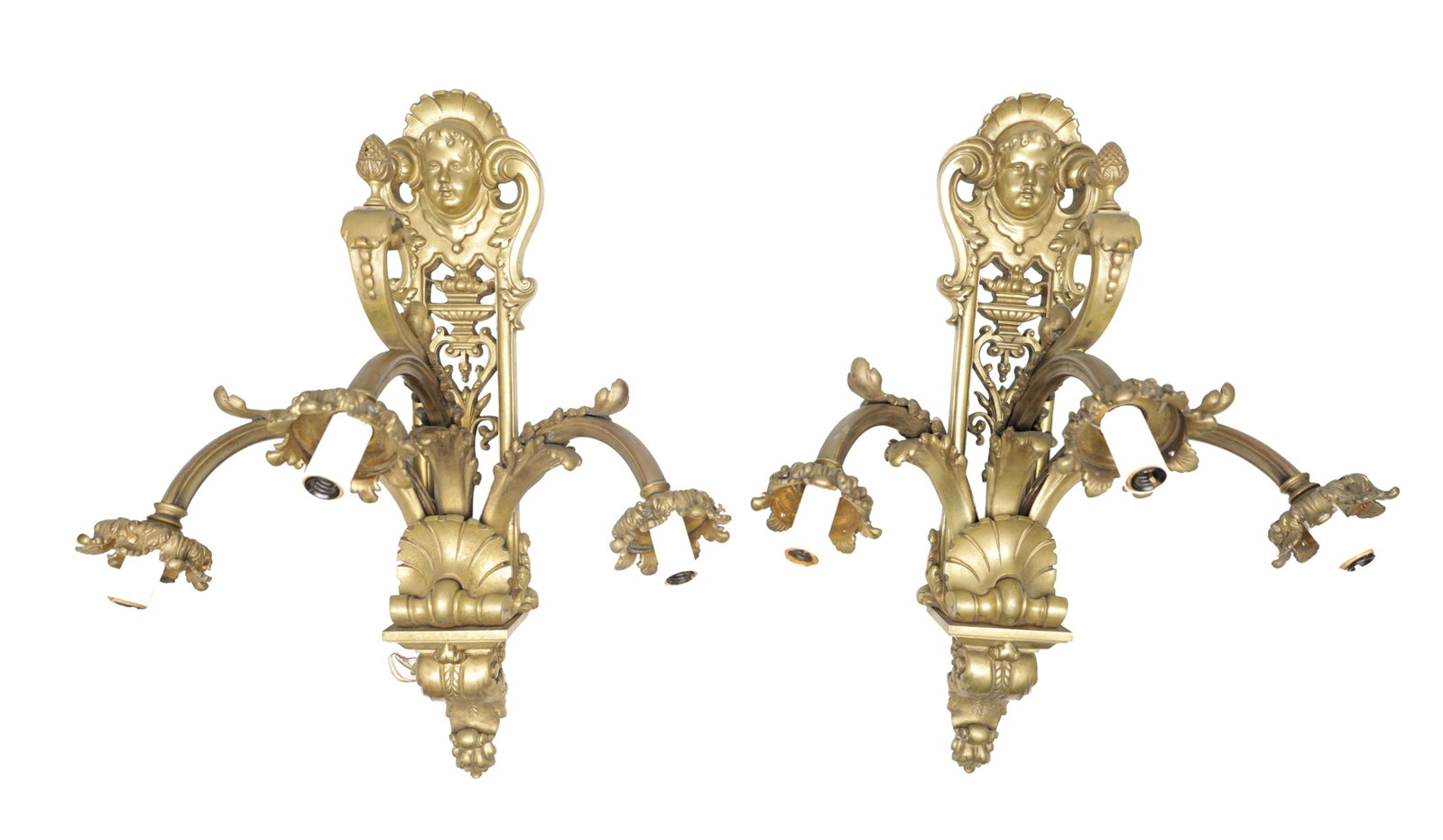A PAIR OF 20TH CENTURY FRENCH CAST BRASS THREE BRANCH WALL SCONCES (1 of 6)