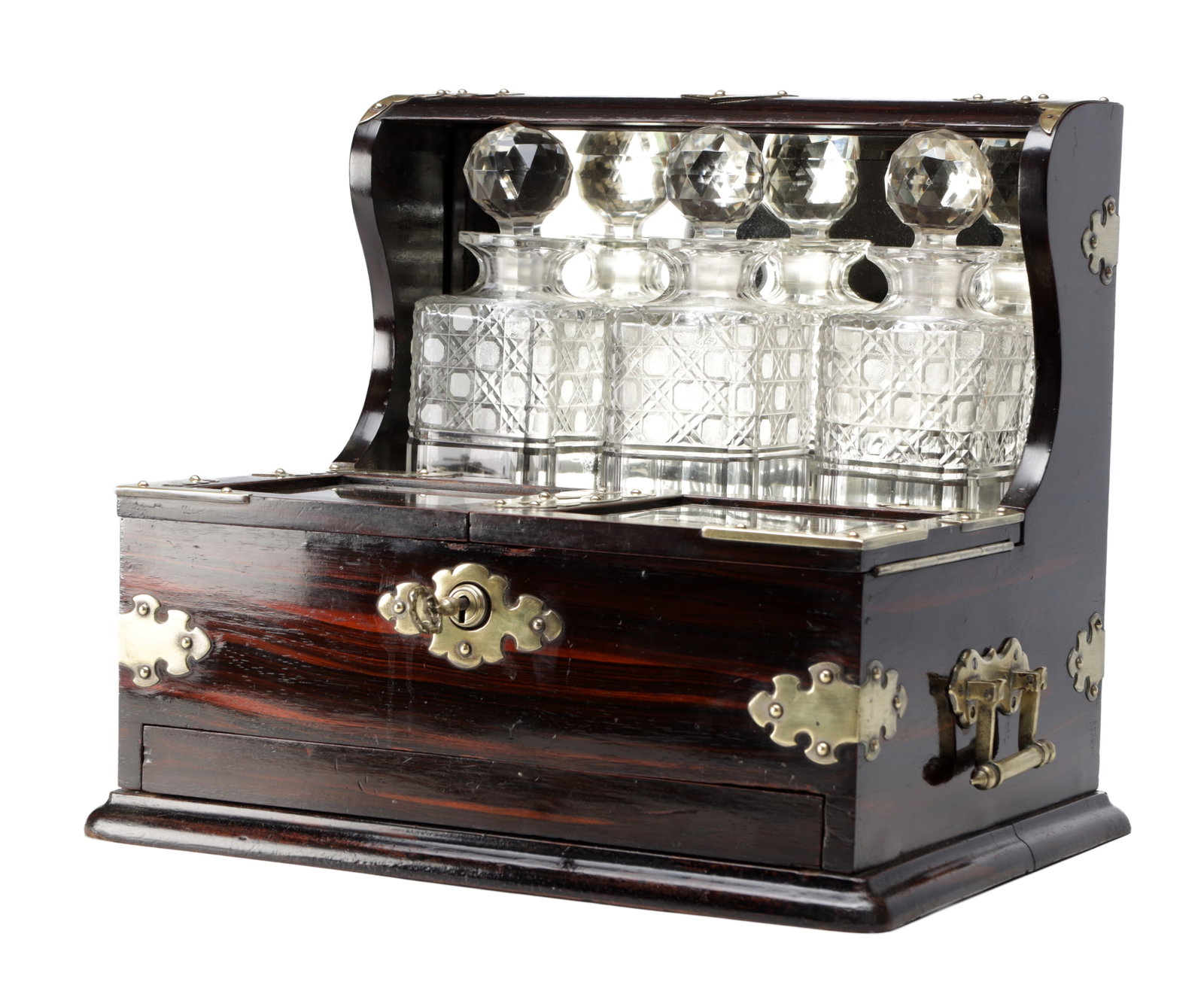 A VICTORIAN COROMANDEL AND BRASS MOUNTED DECANTER BOX WITH THREE CUT GLASS DECANTERS (1 of 10)
