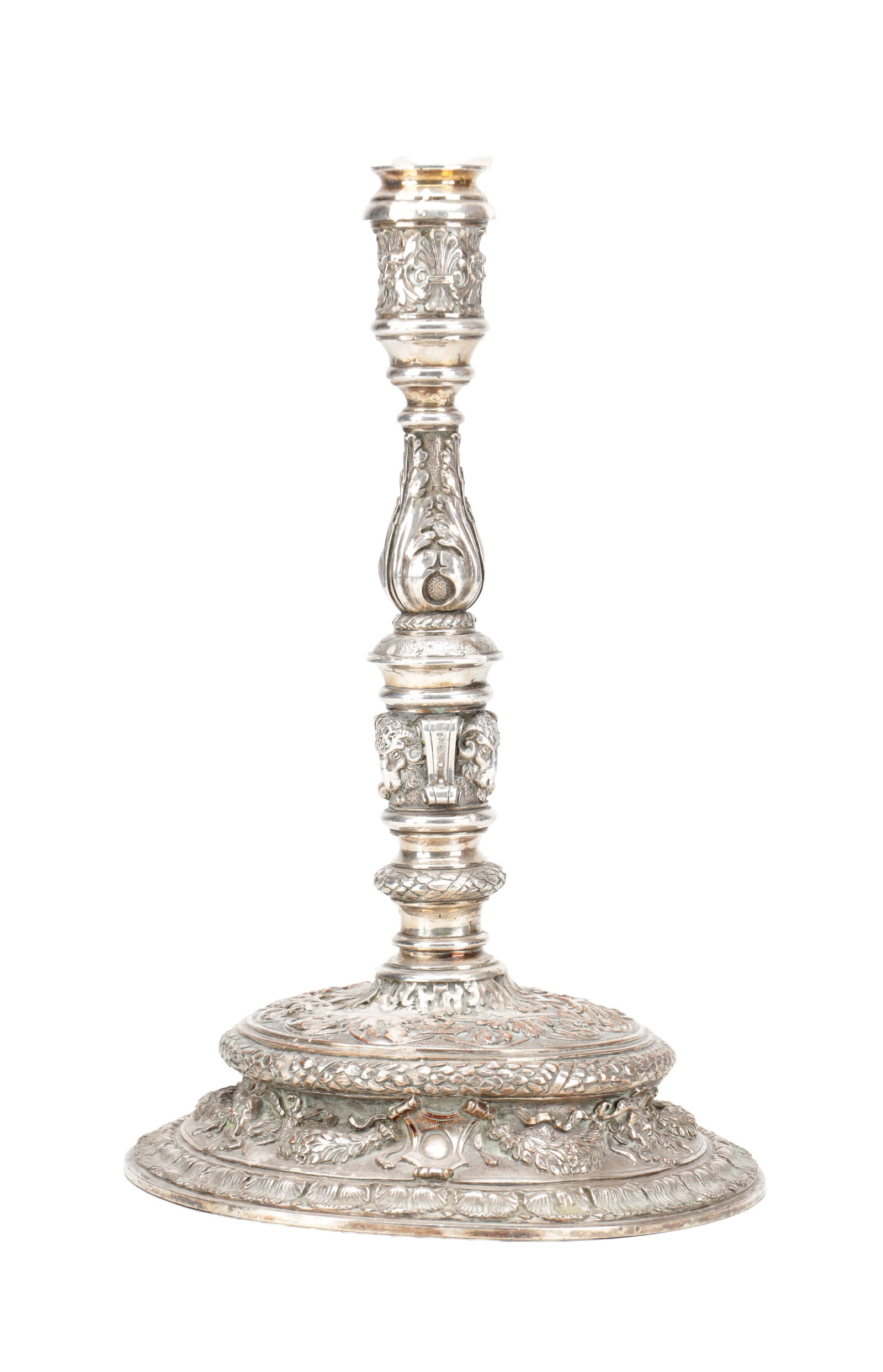 A LARGE 18TH CENTURY SILVER PLATED REPOUSSE CANDLESTICK (1 of 7)
