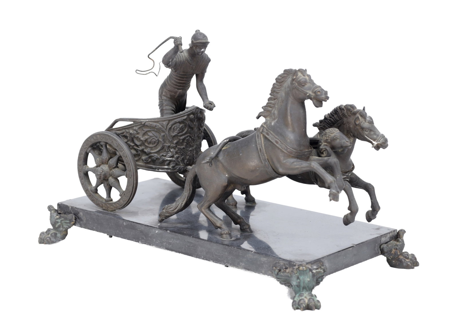 A 19TH CENTURY PATINATED BRONZE CHARIOT GROUP ON MARBLE BASE (1 of 12)