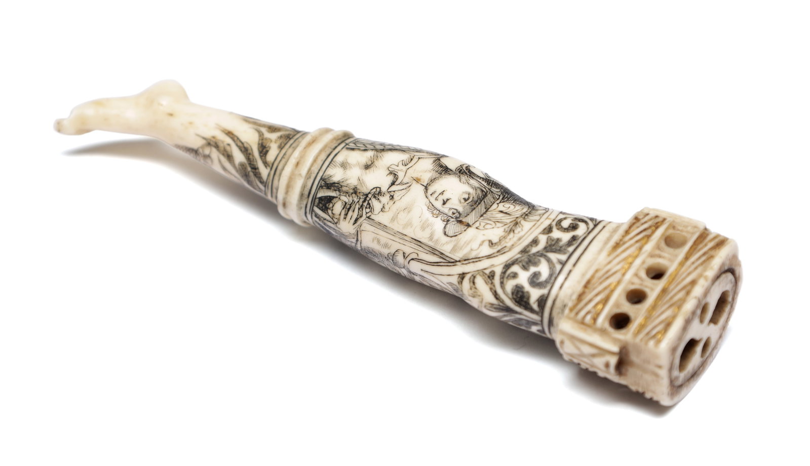 AN EIGHTEENTH CENTURY CONTINENTAL SCRIMSHAW NECESSAIRE FORMED AS A LEG (1 of 6)