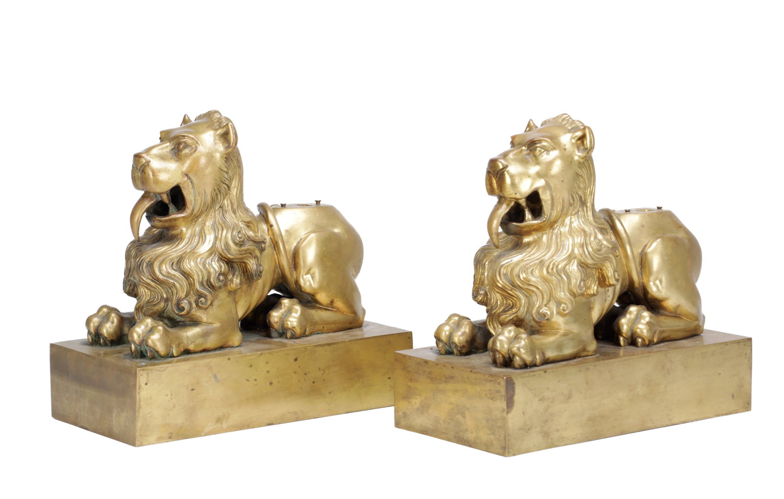 A PAIR OF 19TH CENTURY GILT BRONZE LION FIRE DOGS (1 of 7)