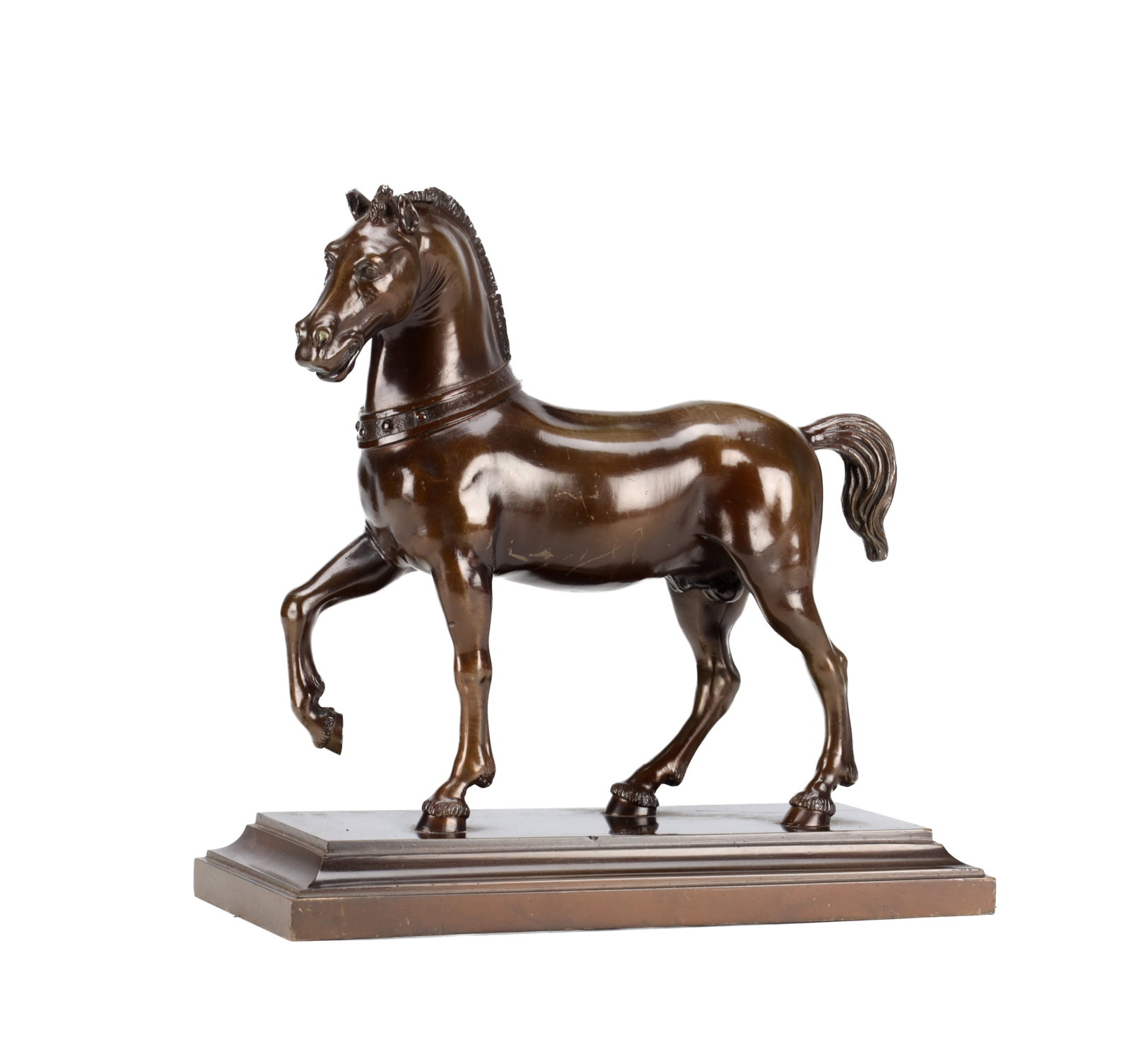 A PATINATED BRONZE HORSE ON A STEPPED RECTANGULAR BASE (1 of 7)