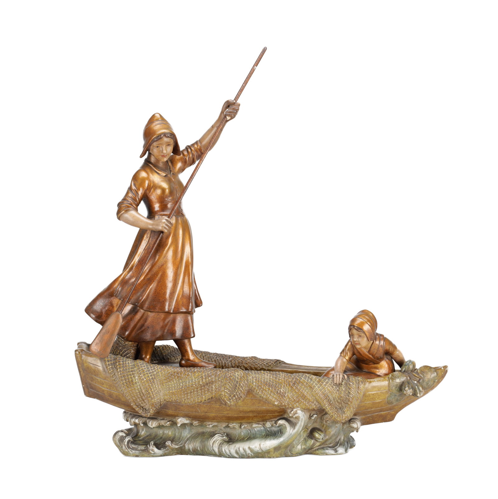 AN EARLY 20TH CENTURY AUSTRIAN TERRACOTTA FIGURE GROUP: AN EARLY 20TH CENTURY AUSTRIAN TERRACOTTA FIGURE GROUP modelled as a mother and daughter in a fishing boat, the standing figure holding a pole with an oar at her side, the daughter leaning over the