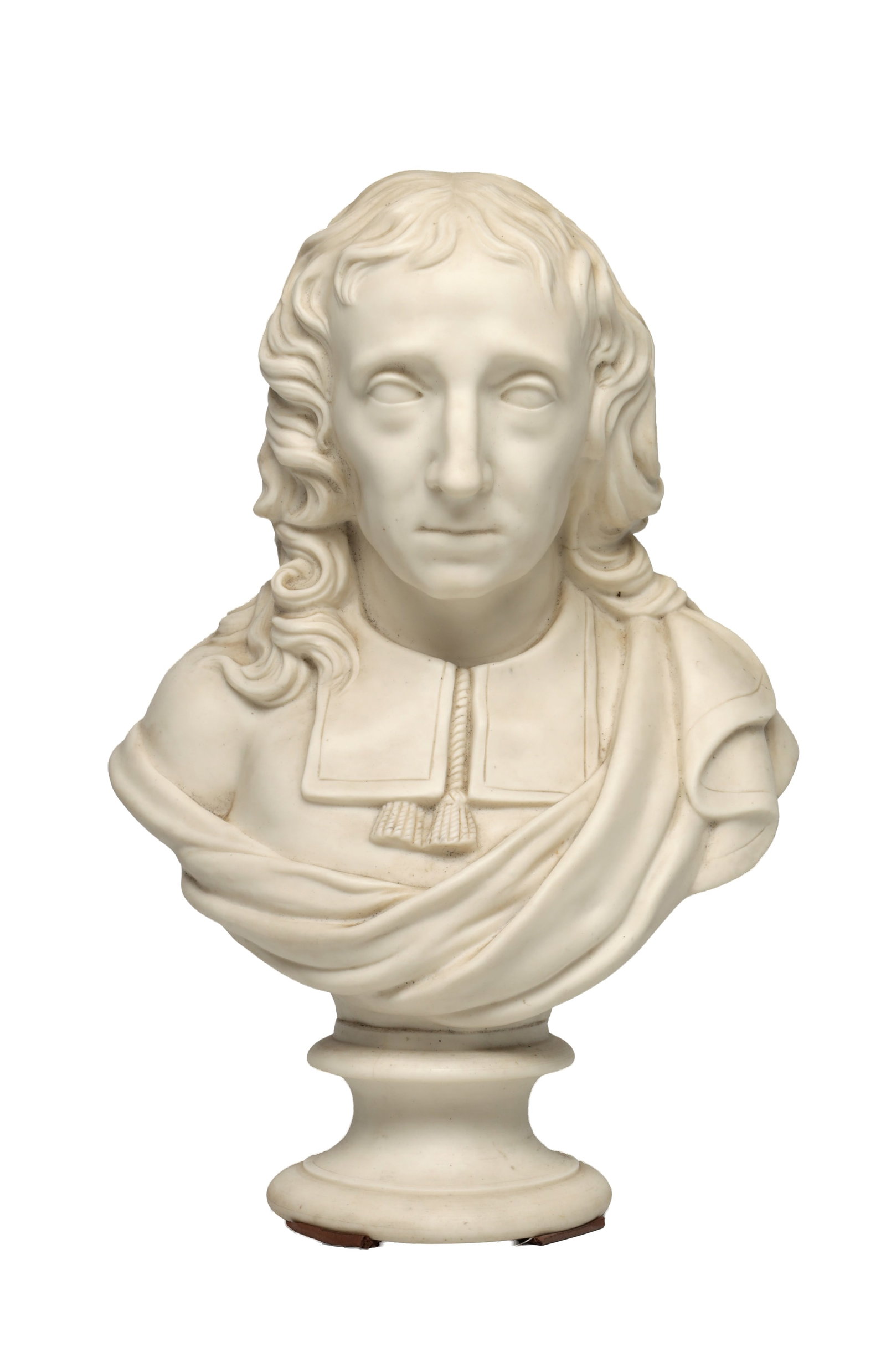 A 19TH CENTURY PARIAN BUST OF JOHN MILTON: A 19TH CENTURY PARIAN BUST OF JOHN MILTON modelled with long wavy hair, tasselled collar and classical drapery, in unglazed parian and raised on a turned circular socle. Stamped to the back of the