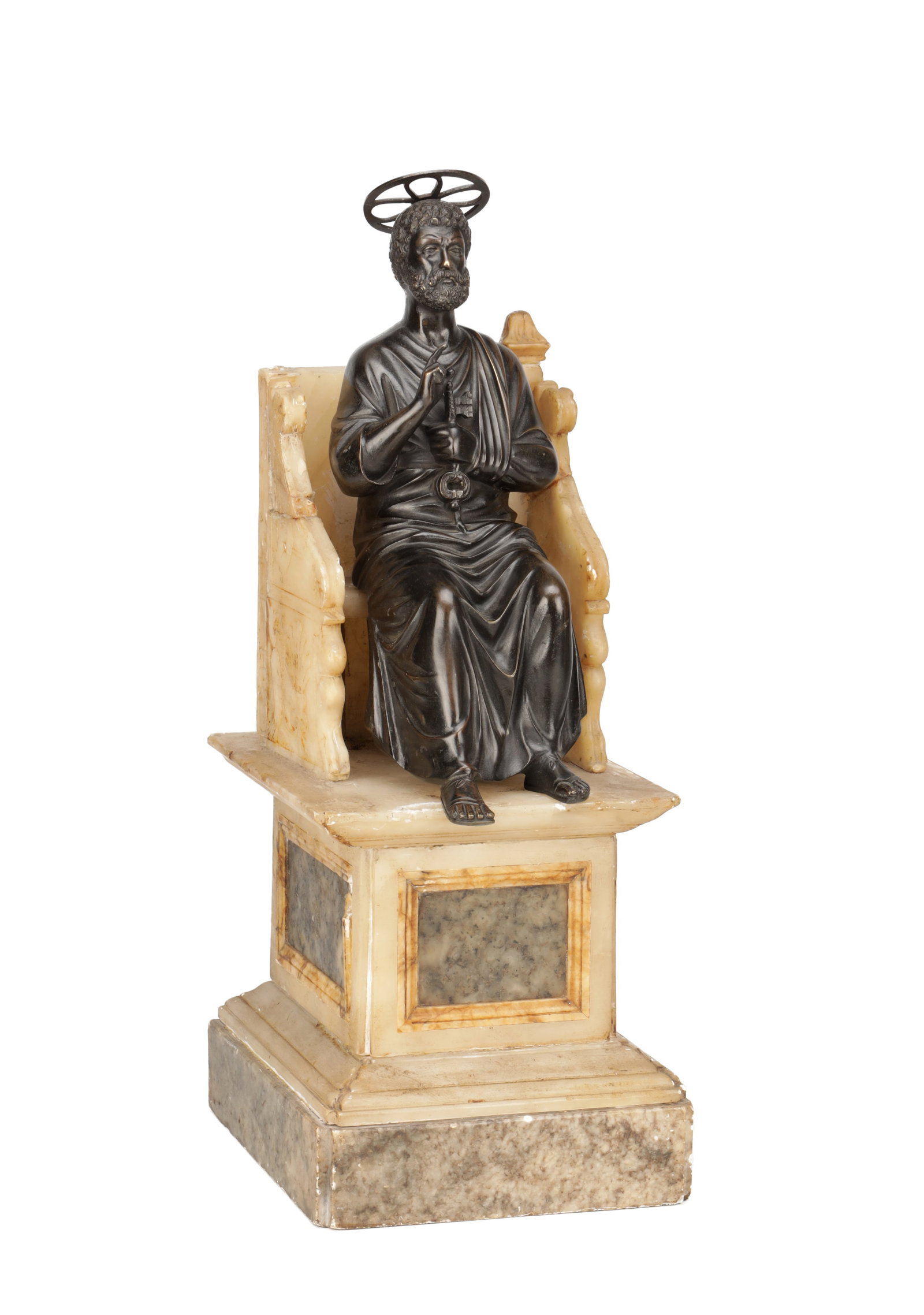 A LATE 18TH / EARLY 19TH CENTURY BRONZE FIGURE OF SAINT PETER ON AN ALABASTER AND SPECIMEN MARBLE (1 of 8)