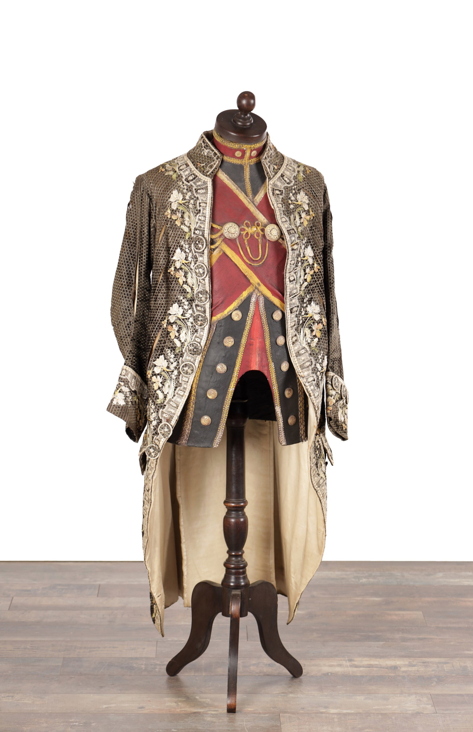 AN 18TH CENTURY FRENCH EMBROIDERED GENTLEMAN'S COURT JACKET: AN 18TH CENTURY FRENCH EMBROIDERED GENTLEMAN'S COURT JACKET worked with silver and gilt thread floral decoration with spangles to the standing collar, front edges and turn-back cuffs, with long