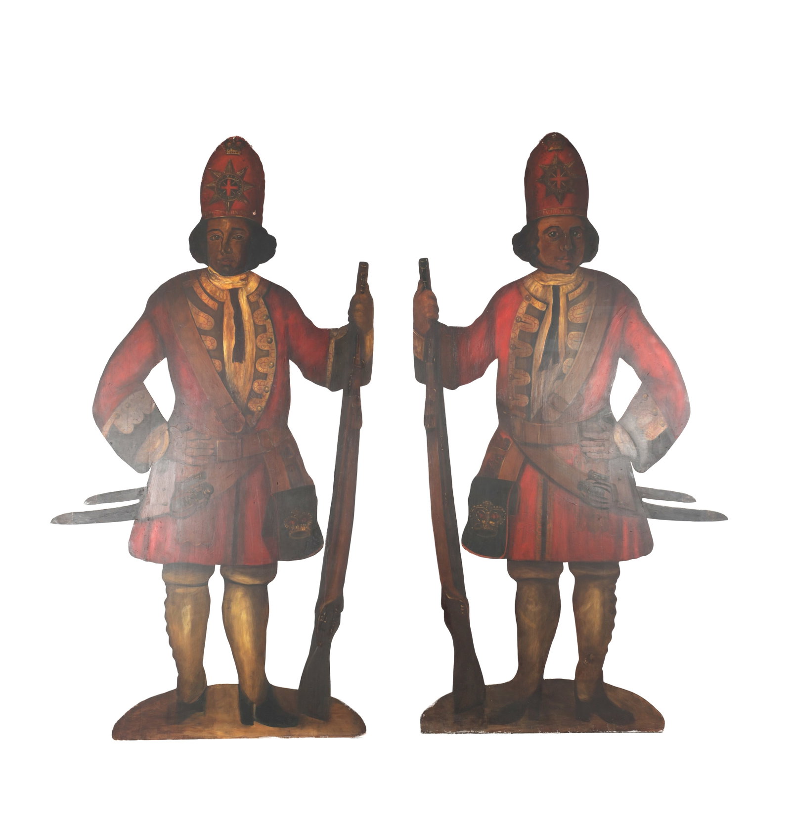 A PAIR OF LARGE PAINTED WOOD DUMMY BOARDS OF SCOTS GUARDS: A PAIR OF LARGE PAINTED WOOD DUMMY BOARDS OF SCOTS GUARDS depicting two full-length guardsmen in red coats with mitre caps and muskets, polychrome painted, each with sash and cartridge pouch on an