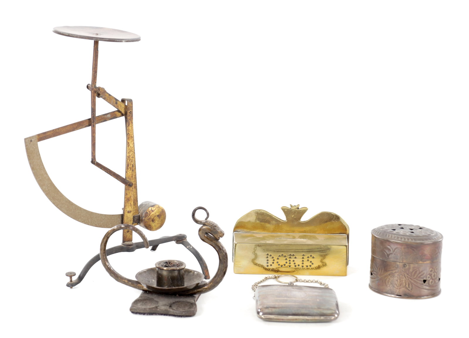 A COLLECTION OF LATE 19TH AND EARLY 20TH CENTURY METALWARE ITEMS: A COLLECTION OF LATE 19TH AND EARLY 20TH CENTURY METALWARE ITEMS comprising a brass money box pierced with the name DORIS with a shaped backplate and coin slot, a small wrought iron chamberstick with 