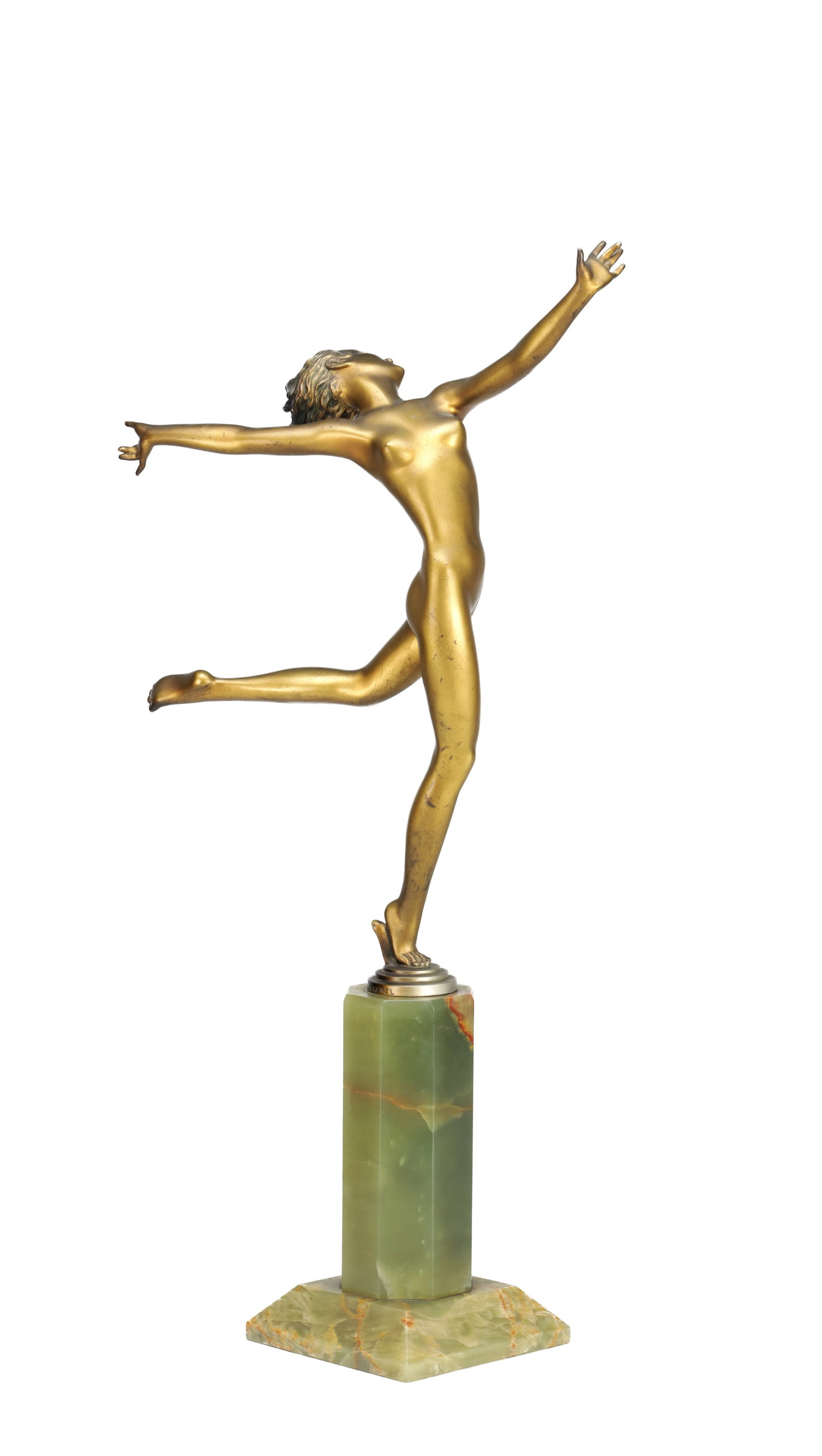 JOSEF LORENZL AN AUSTRIAN ART DECO GILT BRONZE FIGURE OF A NUDE DANCER ON GREEN ONYX BASE: JOSEF LORENZL AN AUSTRIAN ART DECO GILT BRONZE FIGURE OF A NUDE DANCER ON GREEN ONYX BASE the dancer poised en pointe with outstretched arms and raised leg, mounted on a faceted green onyx column and