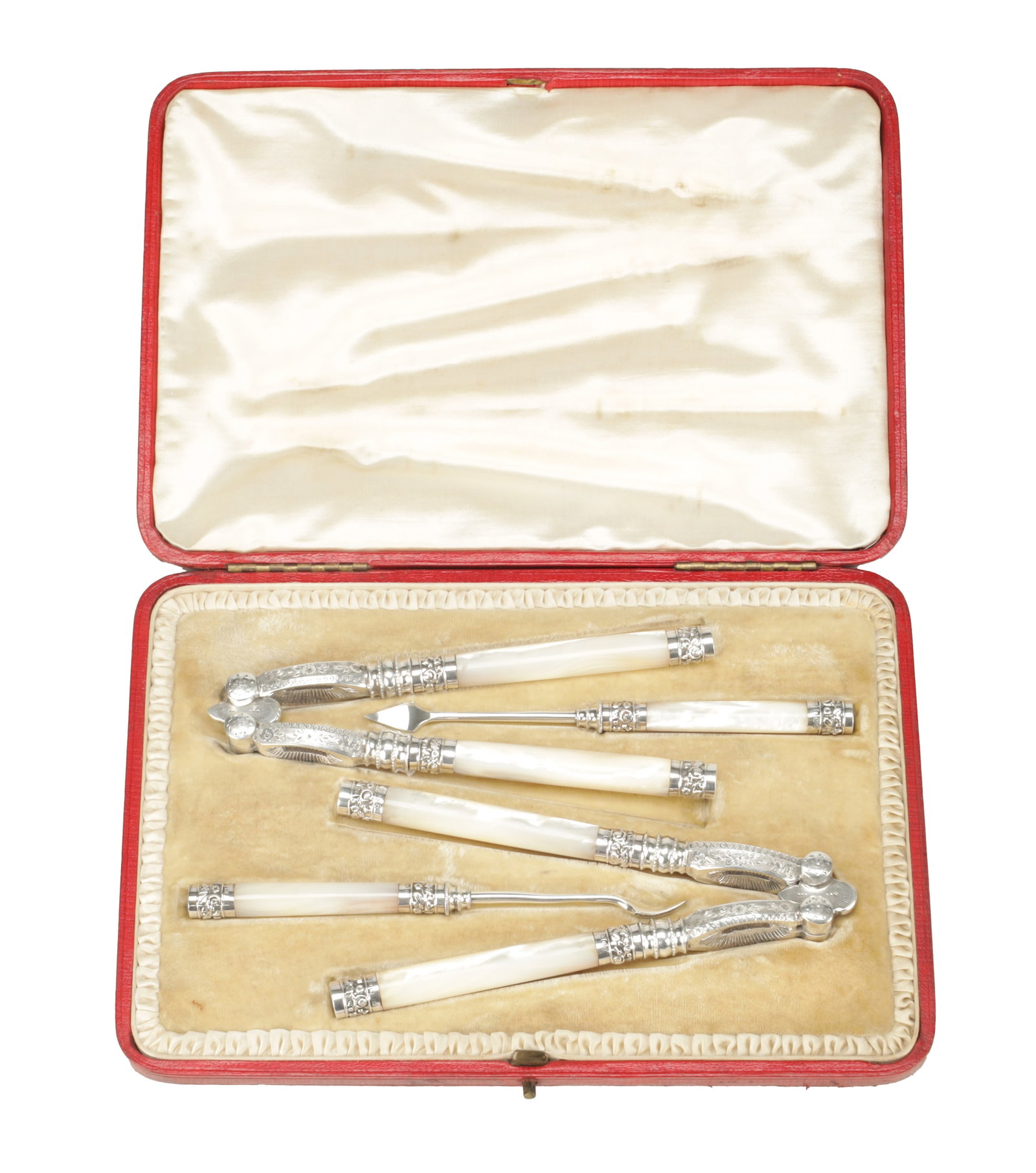 A FINE VICTORIAN ENGLISH SILVER MOUNTED MOTHER OF PEARL NUTCRACKERS AND PICKS CASED SET (1 of 6)