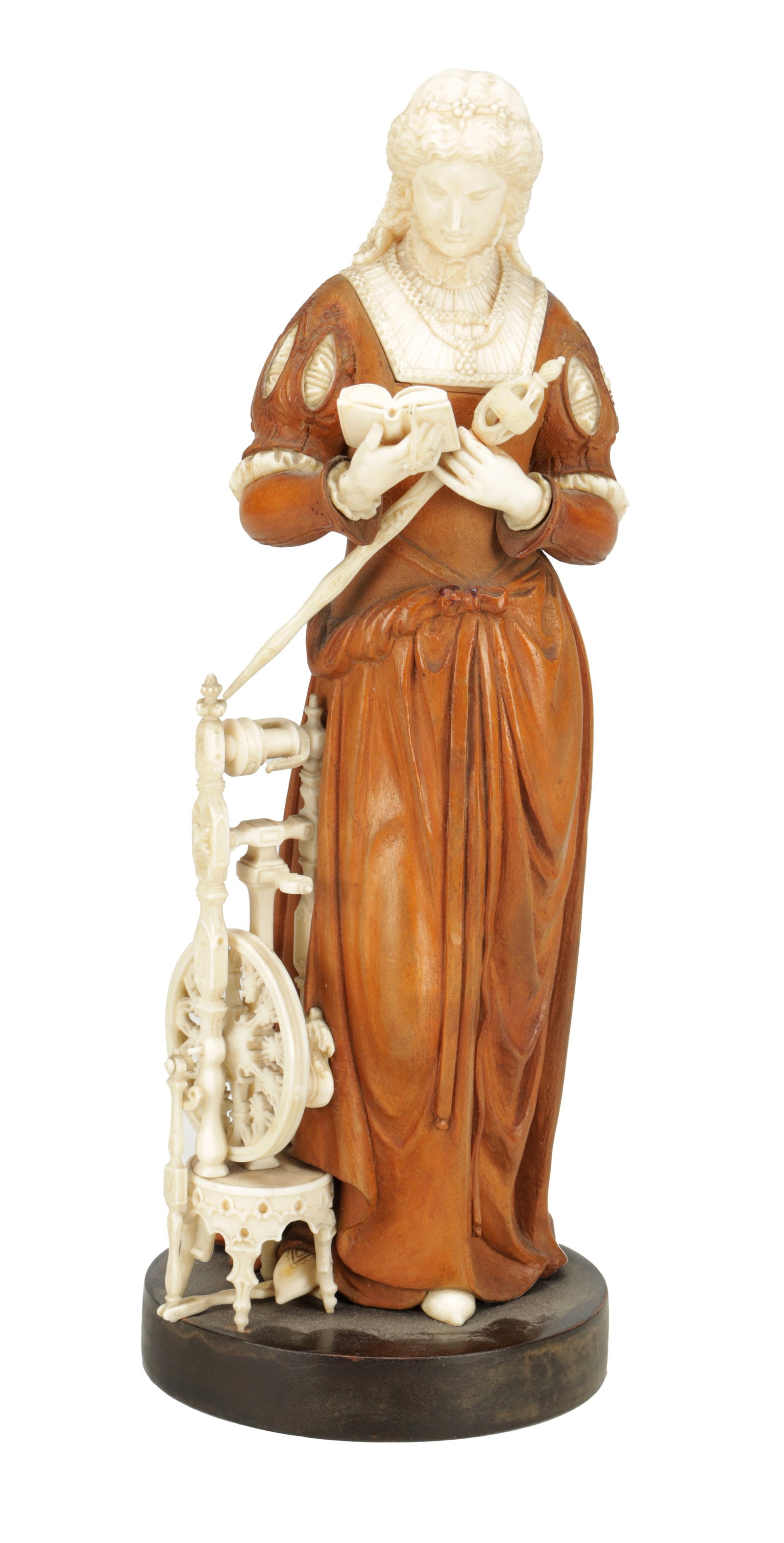 A 19TH CENTURY CARVED BOXWOOD AND IVORY FIGURE OF A SPINNER (1 of 7)
