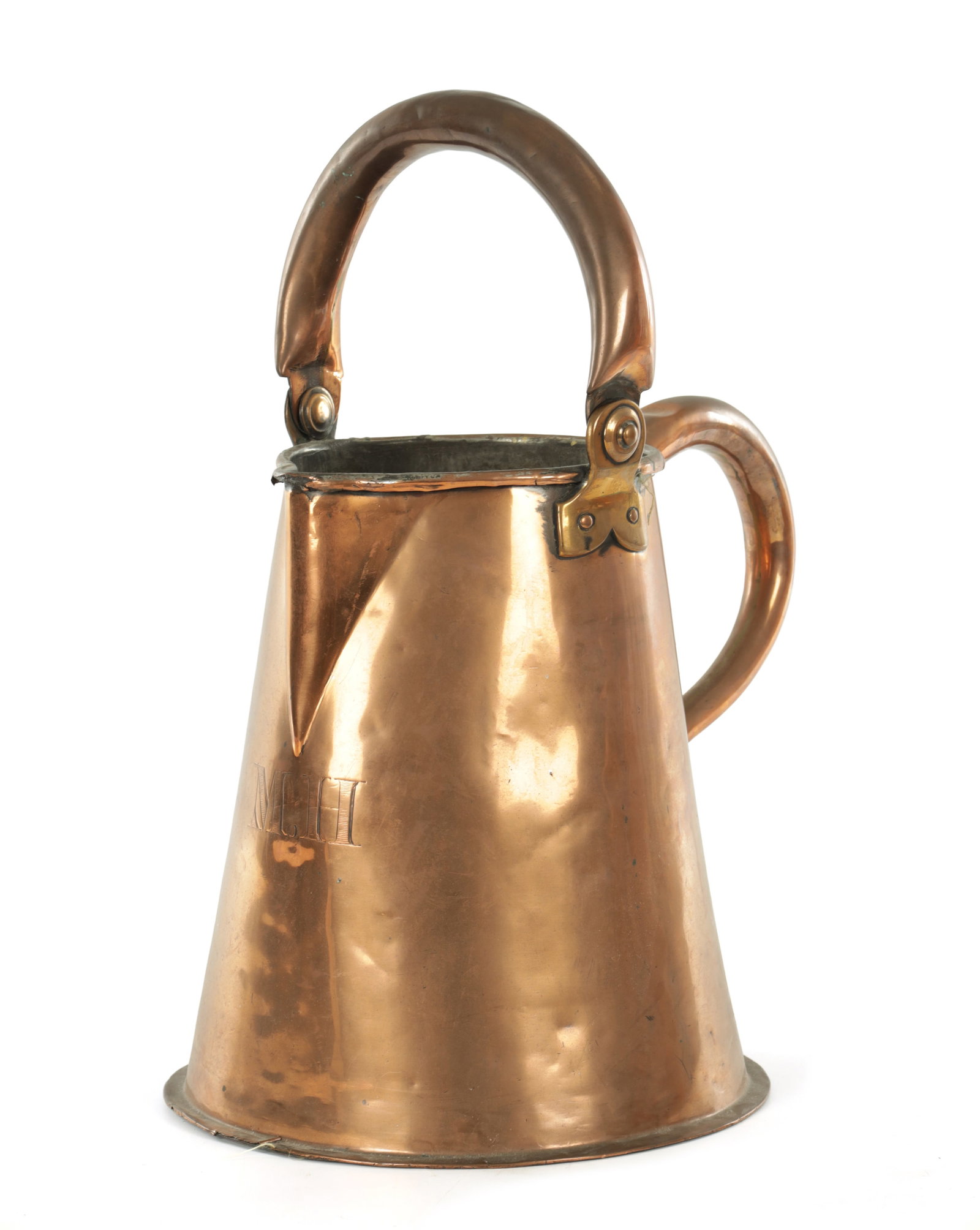 A LARGE LATE GEORGIAN SEAMED COPPER ALE JUG (1 of 6)
