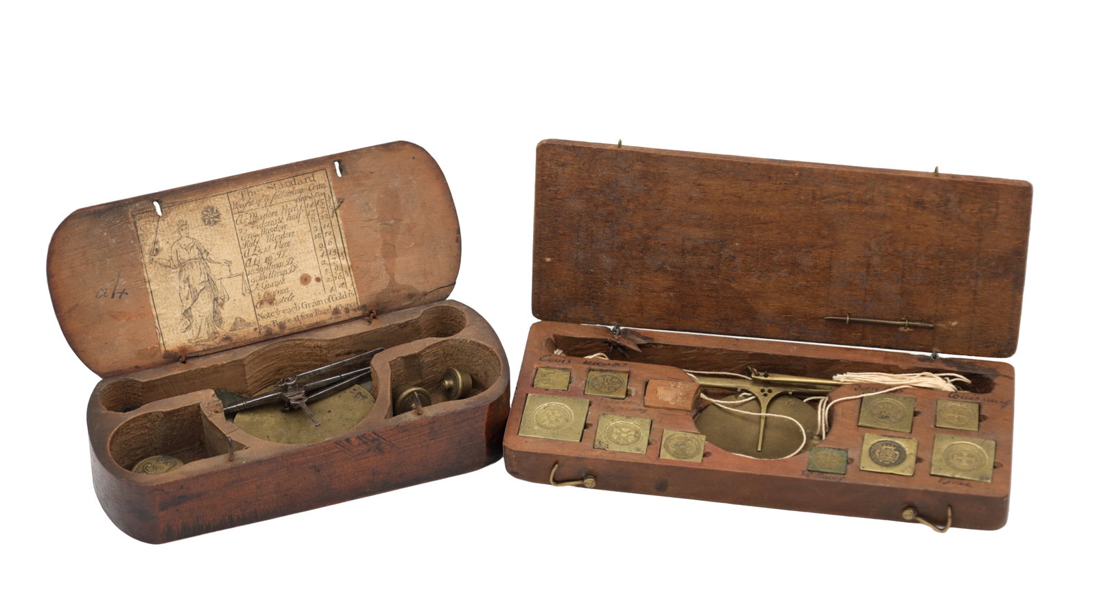 TWO LATE 17TH CENTURY BRASS COIN SCALES IN WOOD CASES (1 of 8)