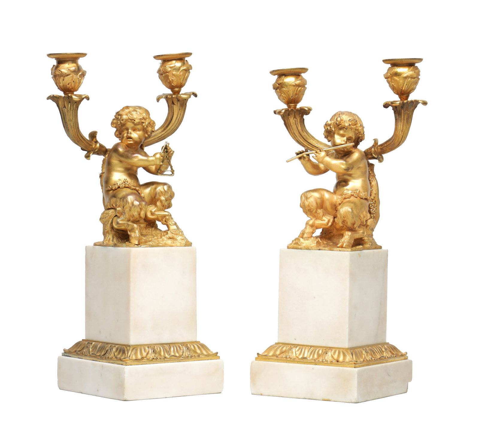 A PAIR OF GILT BRONZE TWO BRANCH CANDELABRA ON WHITE MARBLE BASES (1 of 6)