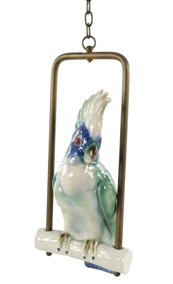 AN EARLY 20TH CENTURY CONTINENTAL PORCELAIN COCKATOO ON A GILT METAL SWING (1 of 7)