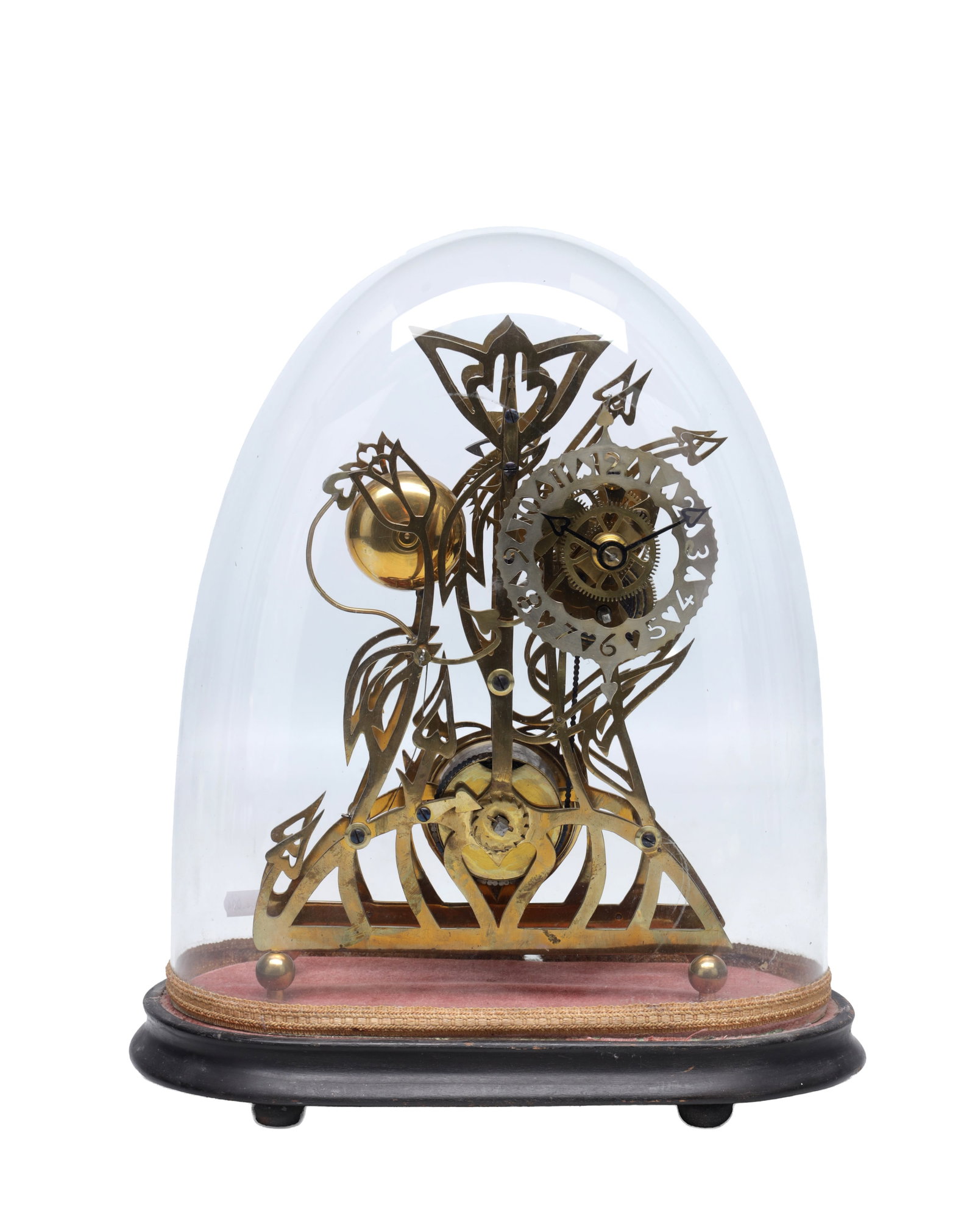 AN EARLY 20TH CENTURY BRASS SKELETON CLOCK UNDER GLASS DOME ON EBONISED BASE (1 of 6)
