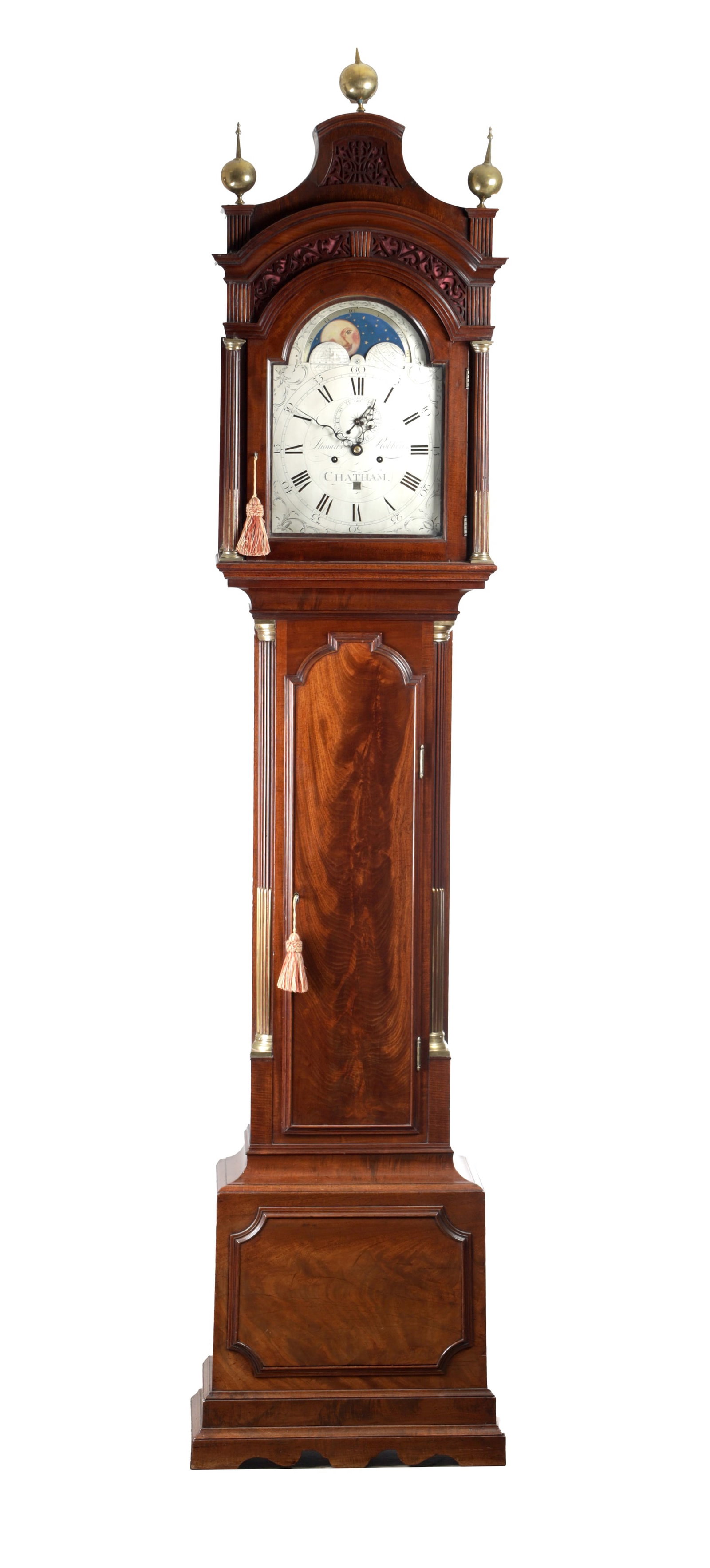 THOMAS ROBBINS, CHATHAM A GEORGE III FLAMED MAHOGANY EIGHT DAY SILVERED DIAL MOON ROLLER LONGCASE (1 of 5)