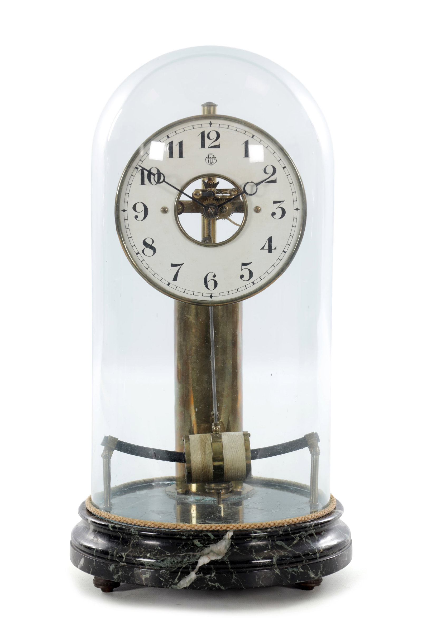 AN EARLY 20TH CENTURY FRENCH BULLE ELECTRIC MANTEL CLOCK UNDER GLASS DOME ON VERDE ANTICO MARBLE (1 of 8)