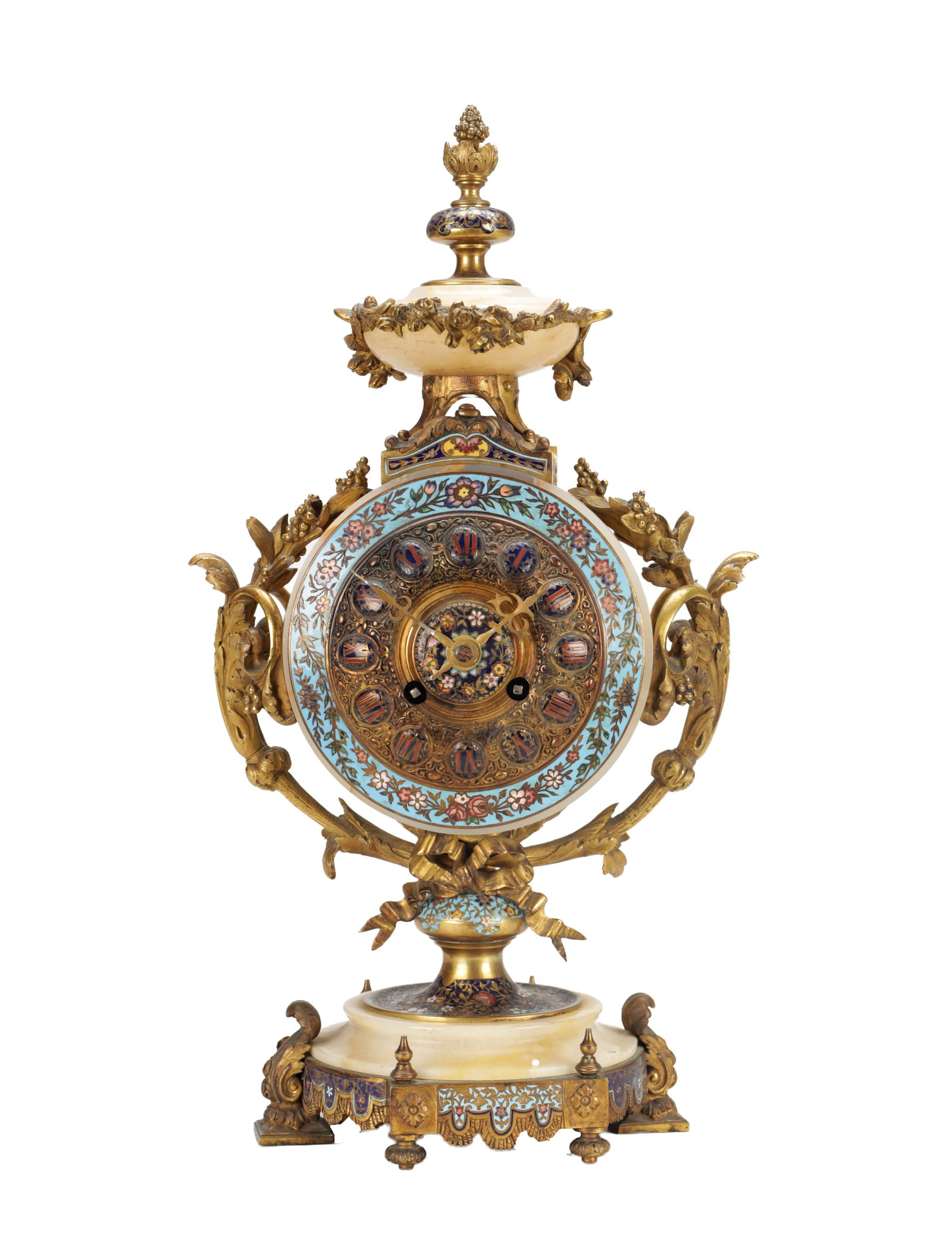 A 19TH CENTURY FRENCH ONYX AND CHAMPLEVE ENAMEL EIGHT-DAY MANTEL CLOCK (1 of 7)