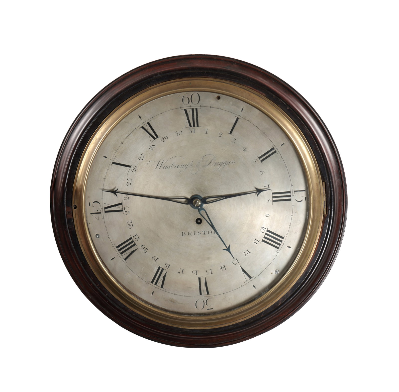 WASBROUGH & DUGGAN, BRISTOL. A GEORGE III MAHOGANY SILVERED DIAL FUSEE WALL CLOCK (1 of 4)