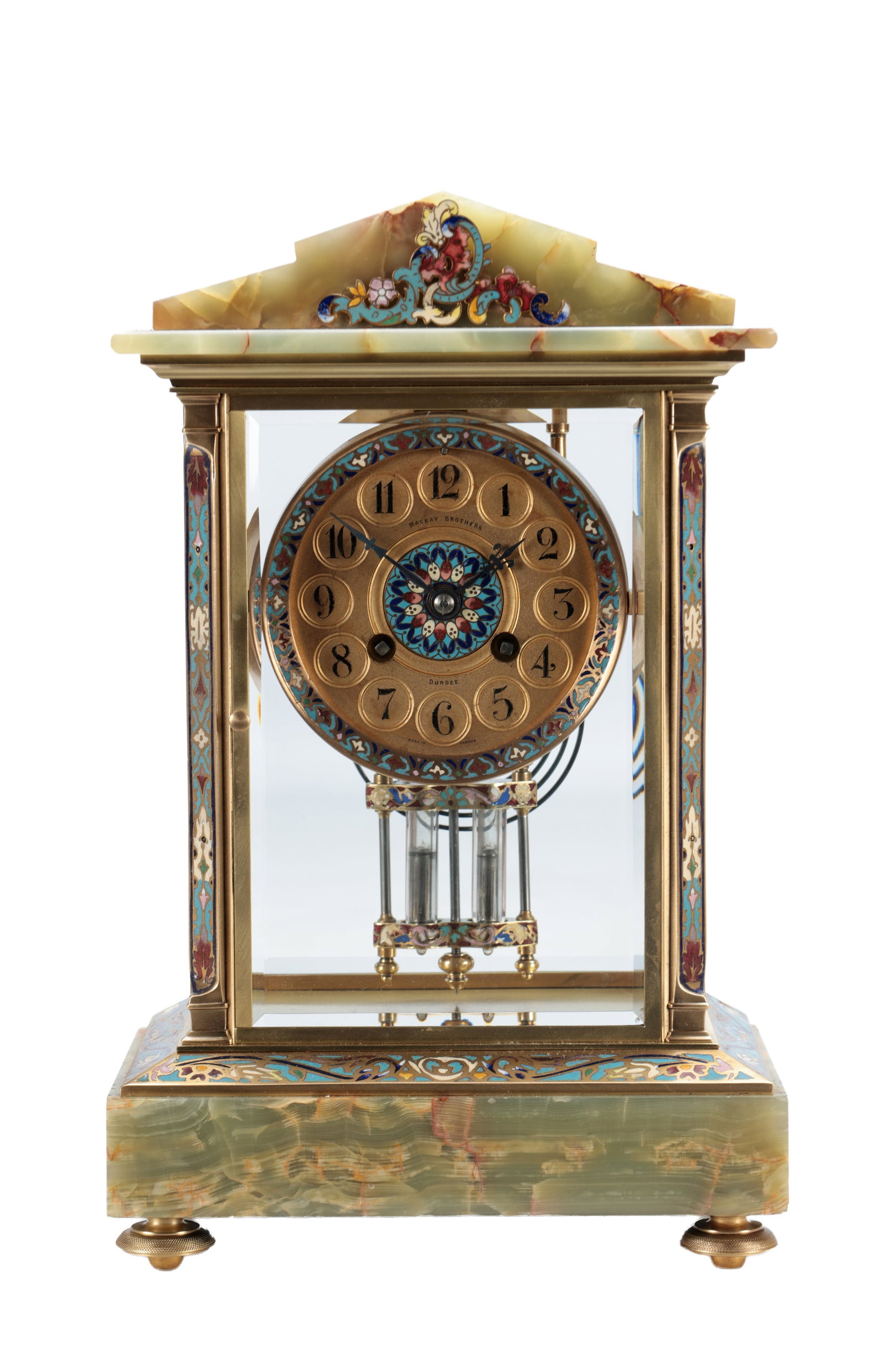 A LATE 19TH CENTURY FRENCH ONYX AND CHAMPLEVE ENAMEL FOUR GLASS MANTEL CLOCK (1 of 8)
