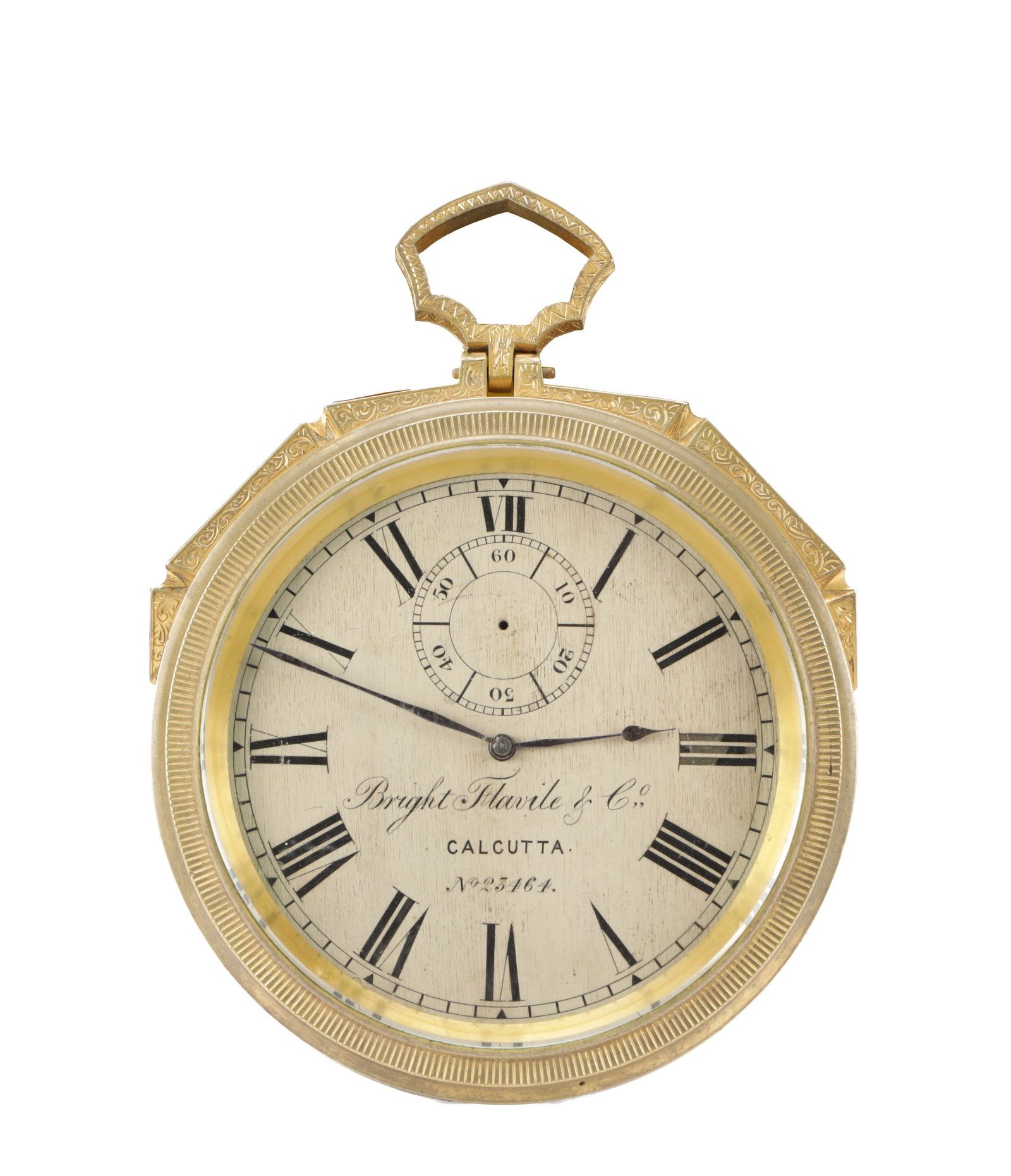 BRIGHT, FLAVILE & CO., CALCUTTA A 19TH CENTURY THOMAS COLE STYLE GILT ENGRAVED WATCH-FORM WALL CLOCK (1 of 12)