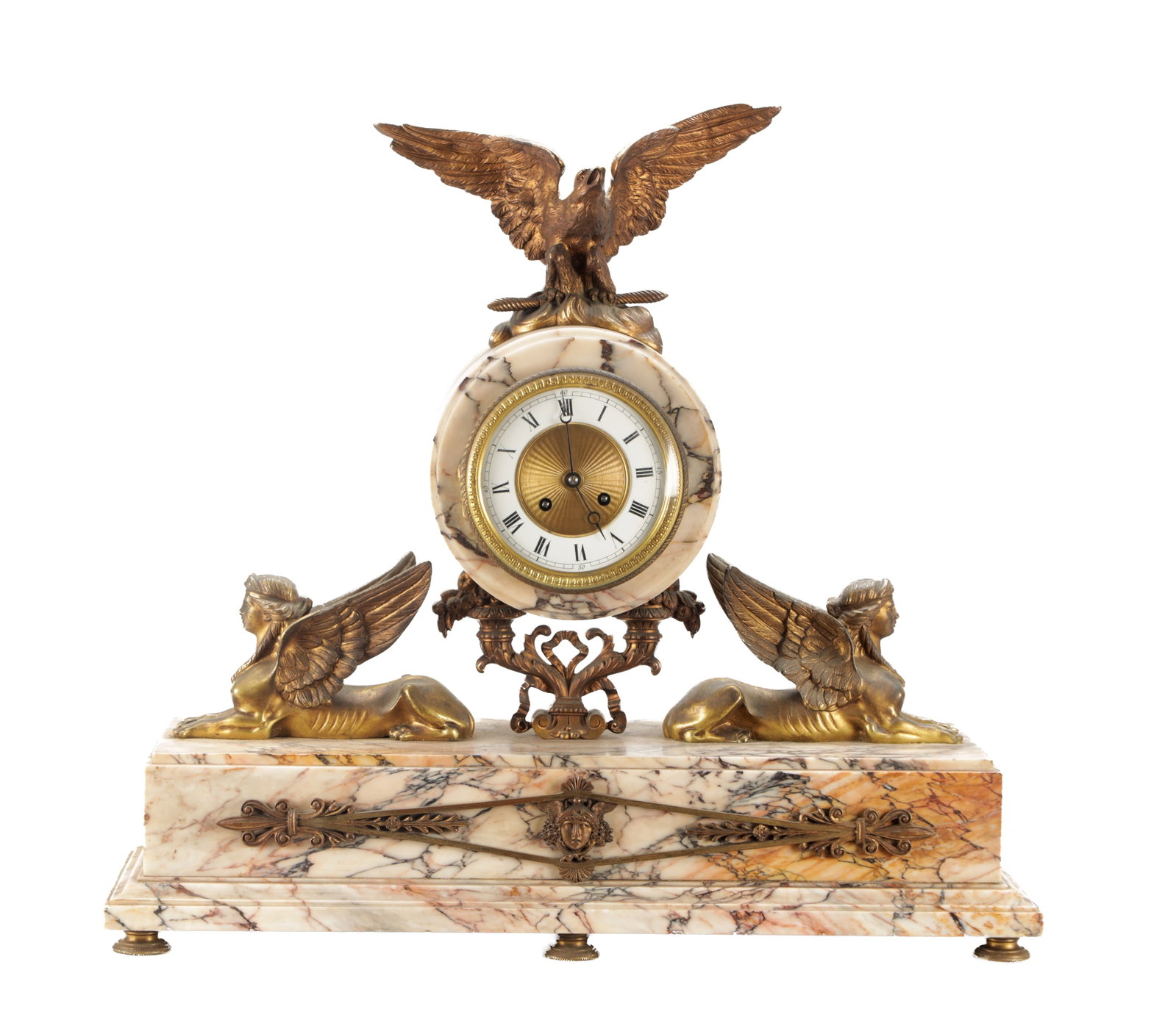 A LARGE 19TH CENTURY FRENCH VEINED MARBLE AND GILT BRONZE EGYPTIAN STYLE MANTEL CLOCK (1 of 10)