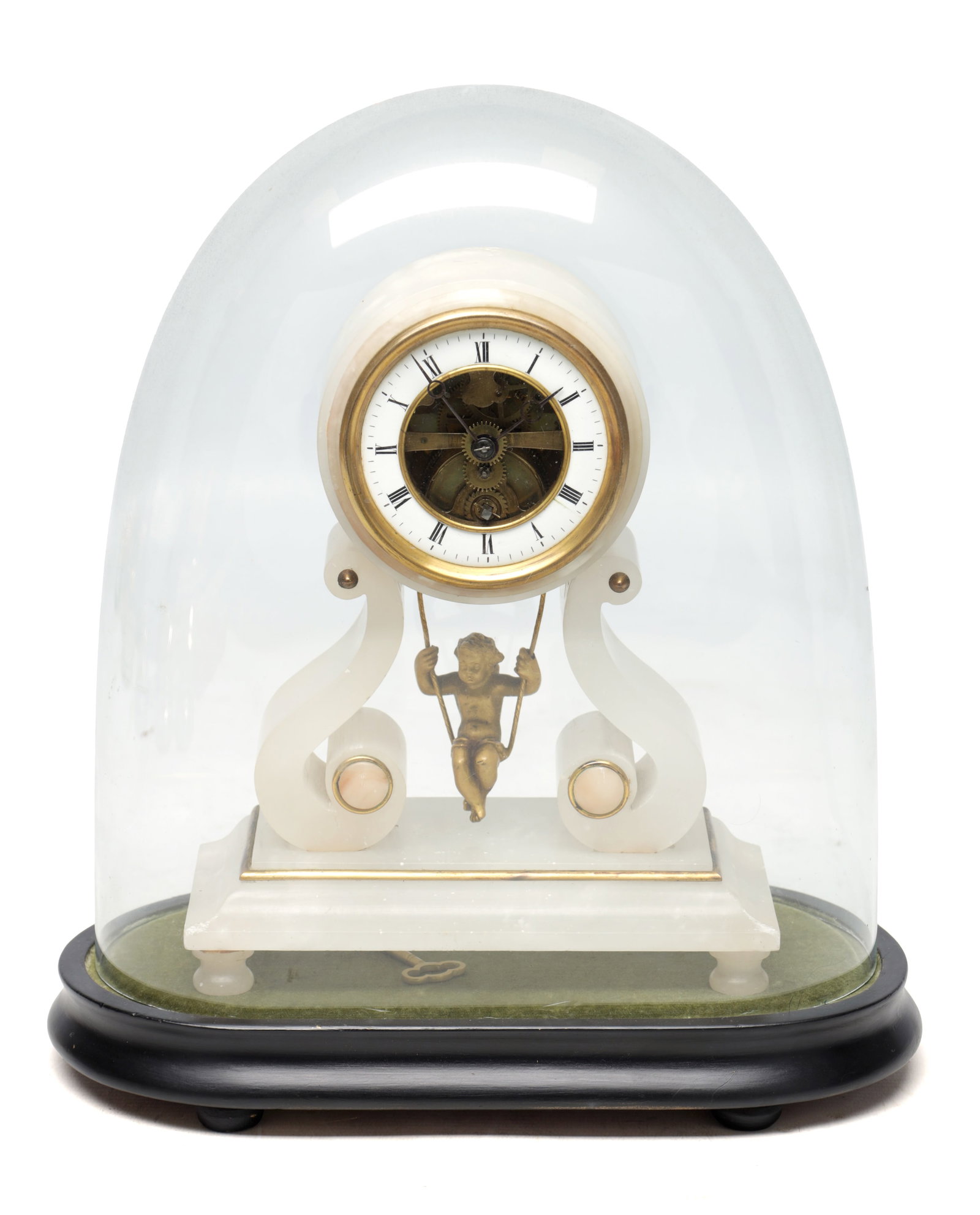 A LATE 19TH CENTURY FRENCH ALABASTER SWINGING CHERUB MANTEL CLOCK (1 of 14)