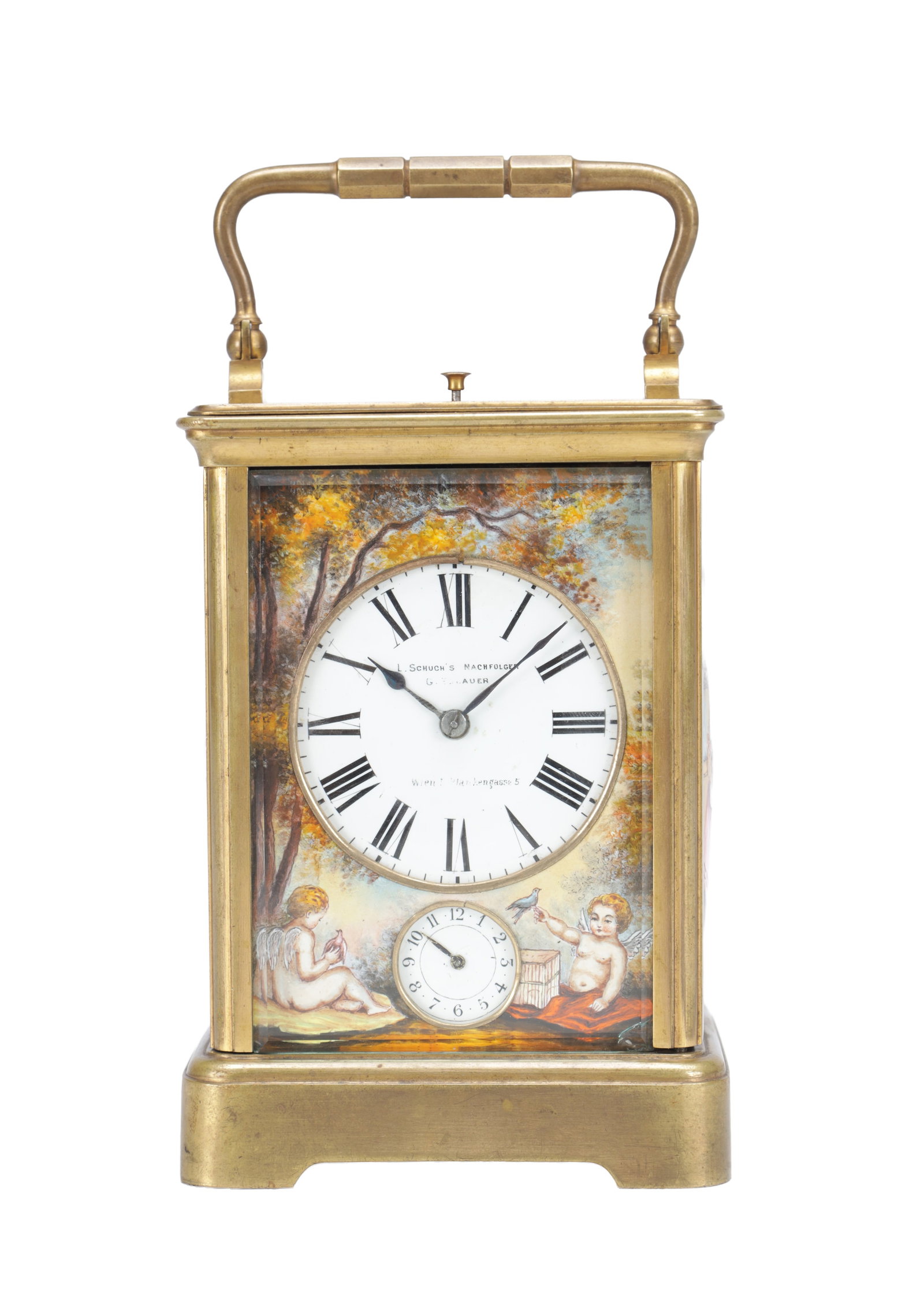 A LATE 19TH CENTURY FRENCH GILT BRASS AND PORCELAIN PANEL PETITE SONNERIE REPEATING CARRIAGE CLOCK (1 of 11)