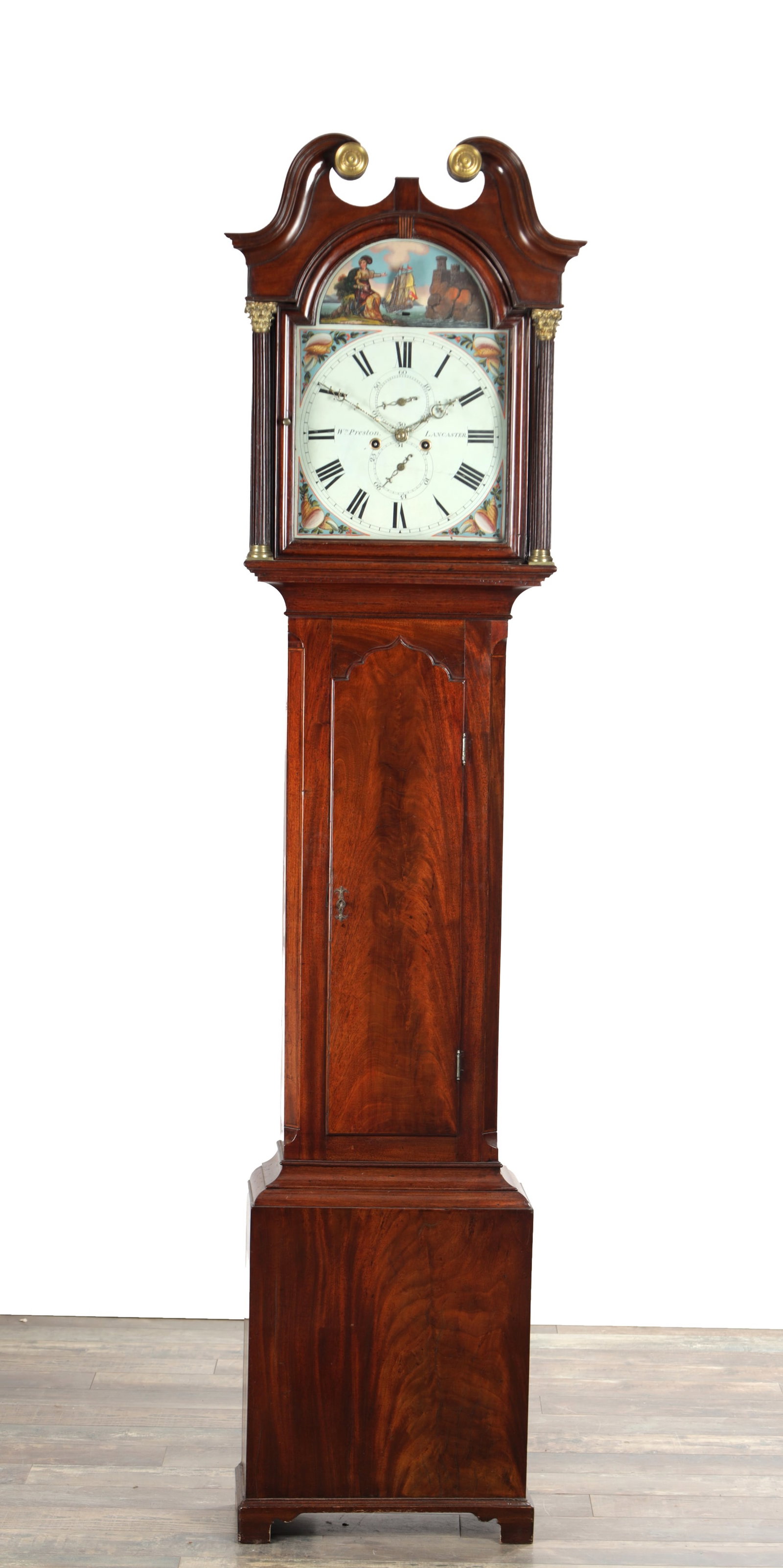 WILLIAM PRESTON, LANCASTER, A GEORGE III FIGURED MAHOGANY ROCKING SHIP PAINTED DIAL EIGHT DAY (1 of 6)