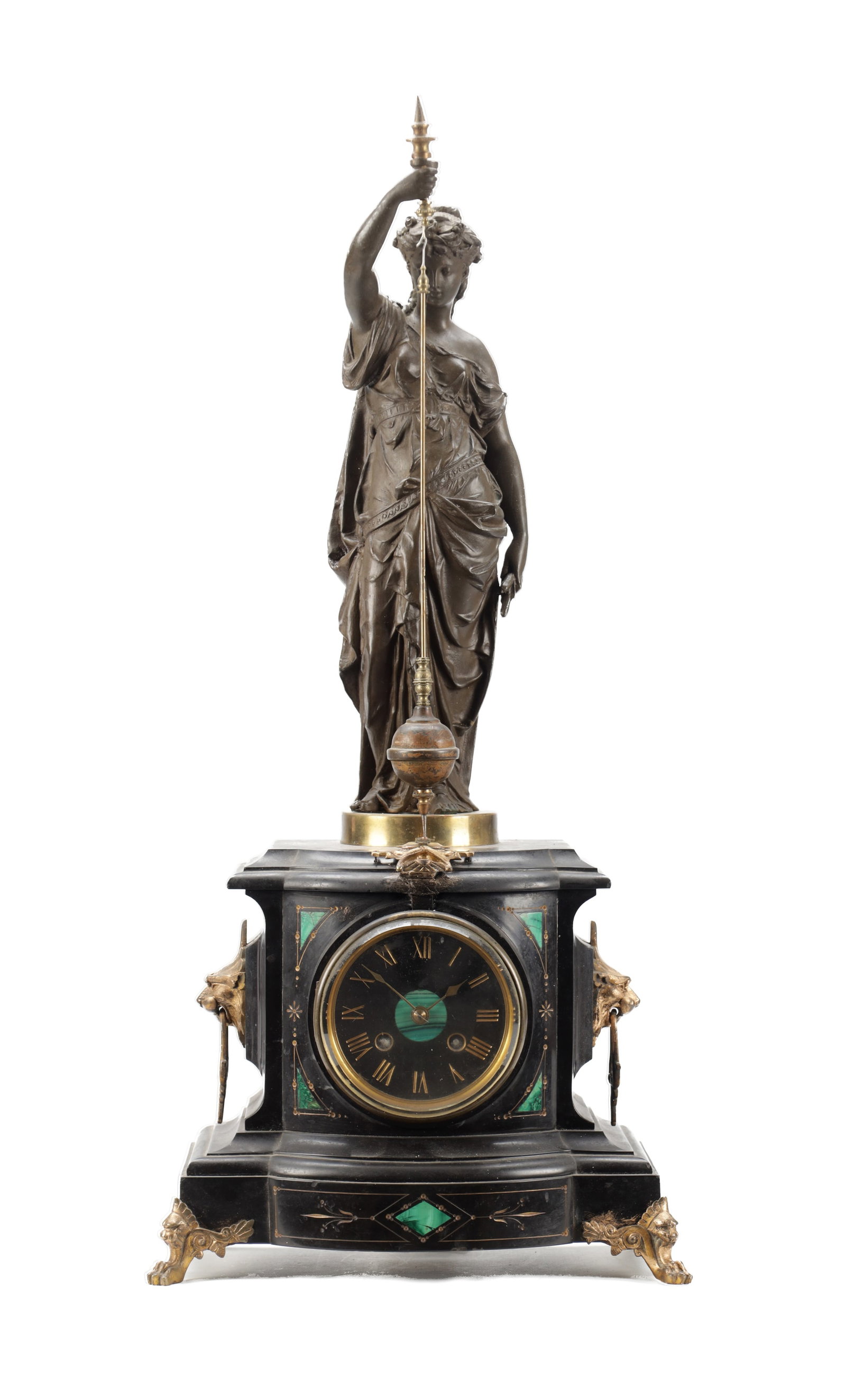 A LATE 19TH CENTURY FRENCH PATINATED BRONZE AND BLACK MARBLE FIGURAL CONICAL MYSTERY CLOCK (1 of 11)