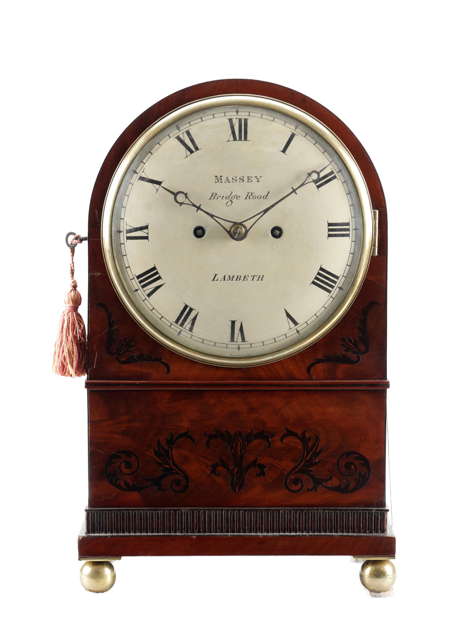 MASSEY, BRIDGE ROAD, LAMBETH. A REGENCY MAHOGANY AND EBONY INLAID ARCH TOPPED DOUBLE FUSEE BRACKET (1 of 8)