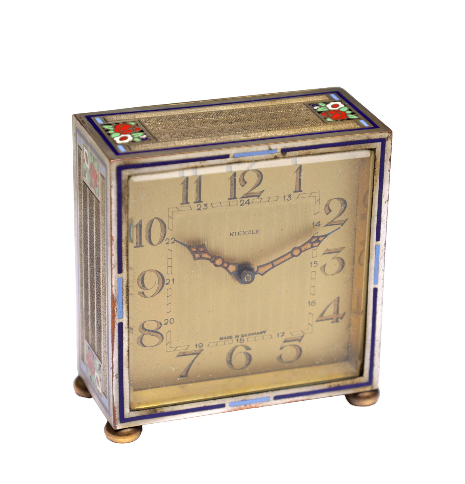 AN EARLY 20TH CENTURY GERMAN BRASS DESK CLOCK BY KIENZLE WITH CHAMPLEVE ENAMEL (1 of 6)